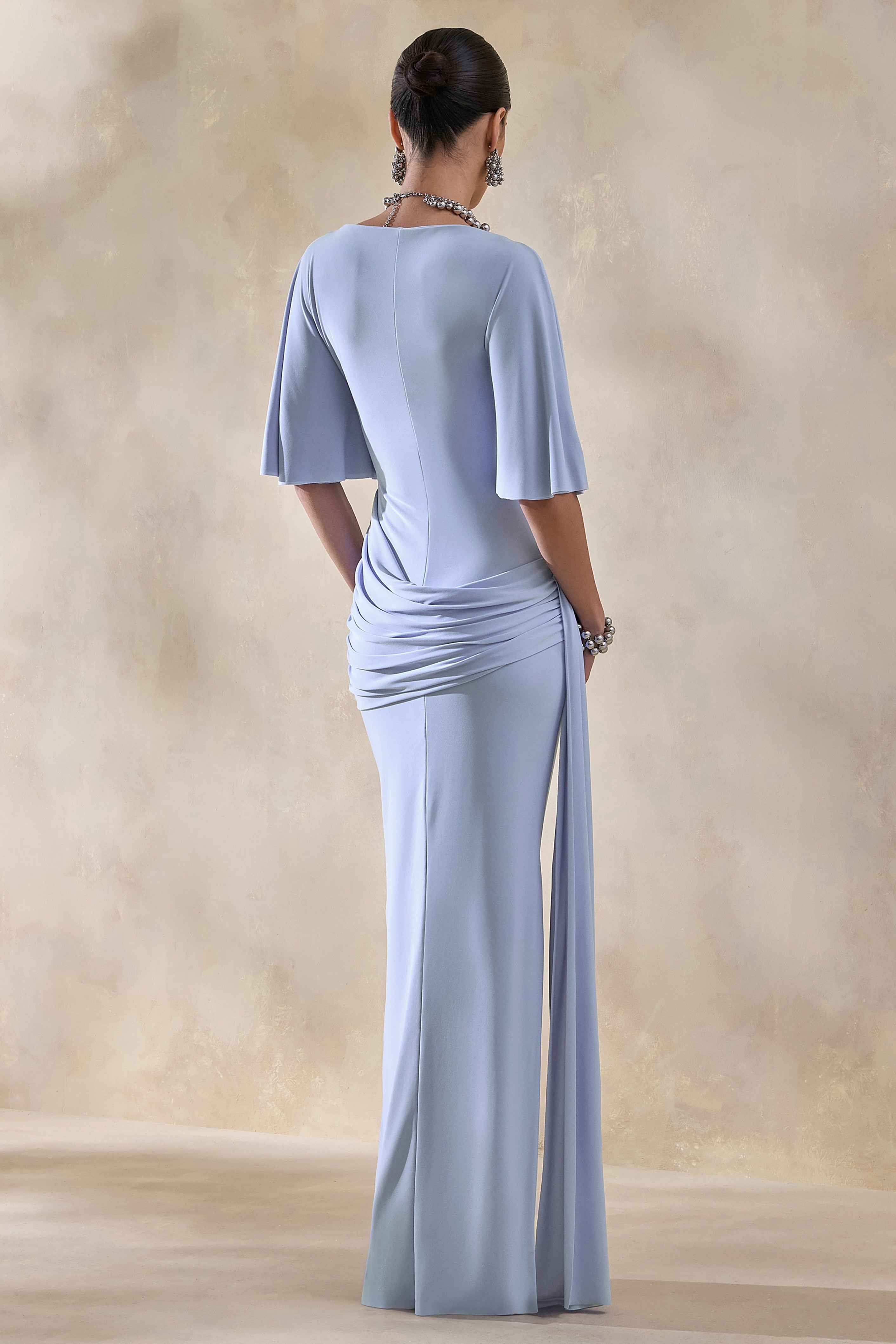 Emerelle | Powder Blue Wide-Neck Maxi Dress With Sash And Draped-Detailing-Sowoom