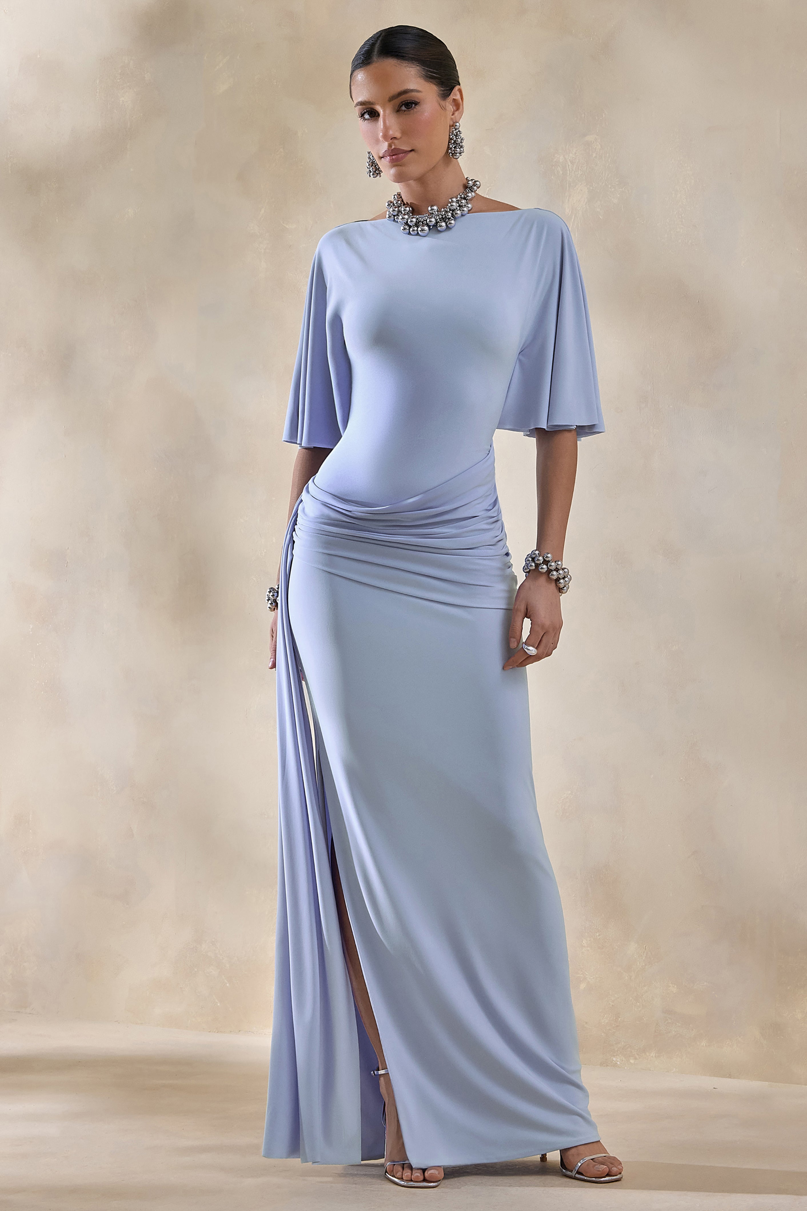 Emerelle | Powder Blue Wide-Neck Maxi Dress With Sash And Draped-Detailing-Sowoom