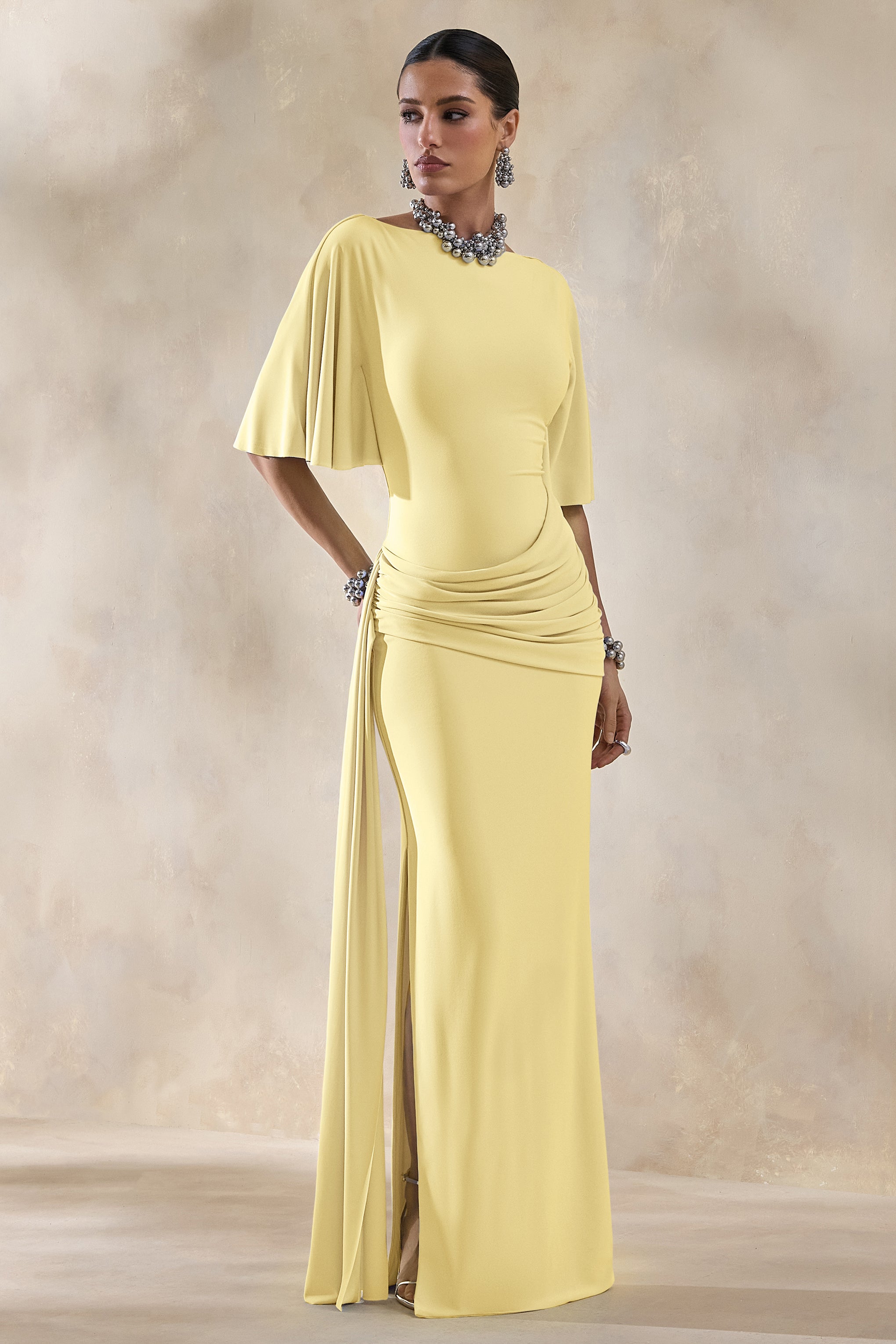 Emerelle | Lemon Wide-Neck Maxi Dress With Sash And Draped-Detailing-Sowoom