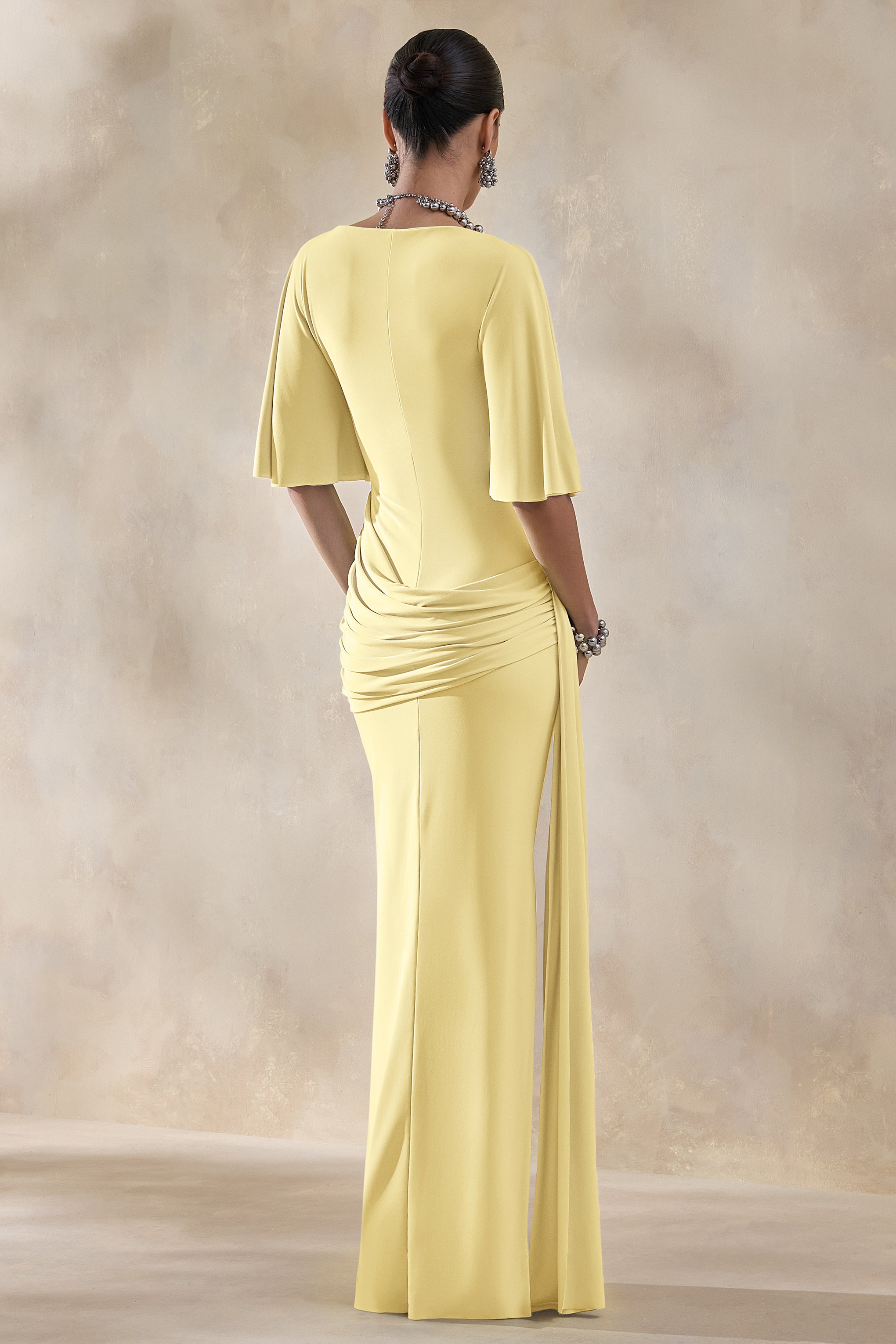 Emerelle | Lemon Wide-Neck Maxi Dress With Sash And Draped-Detailing-Sowoom