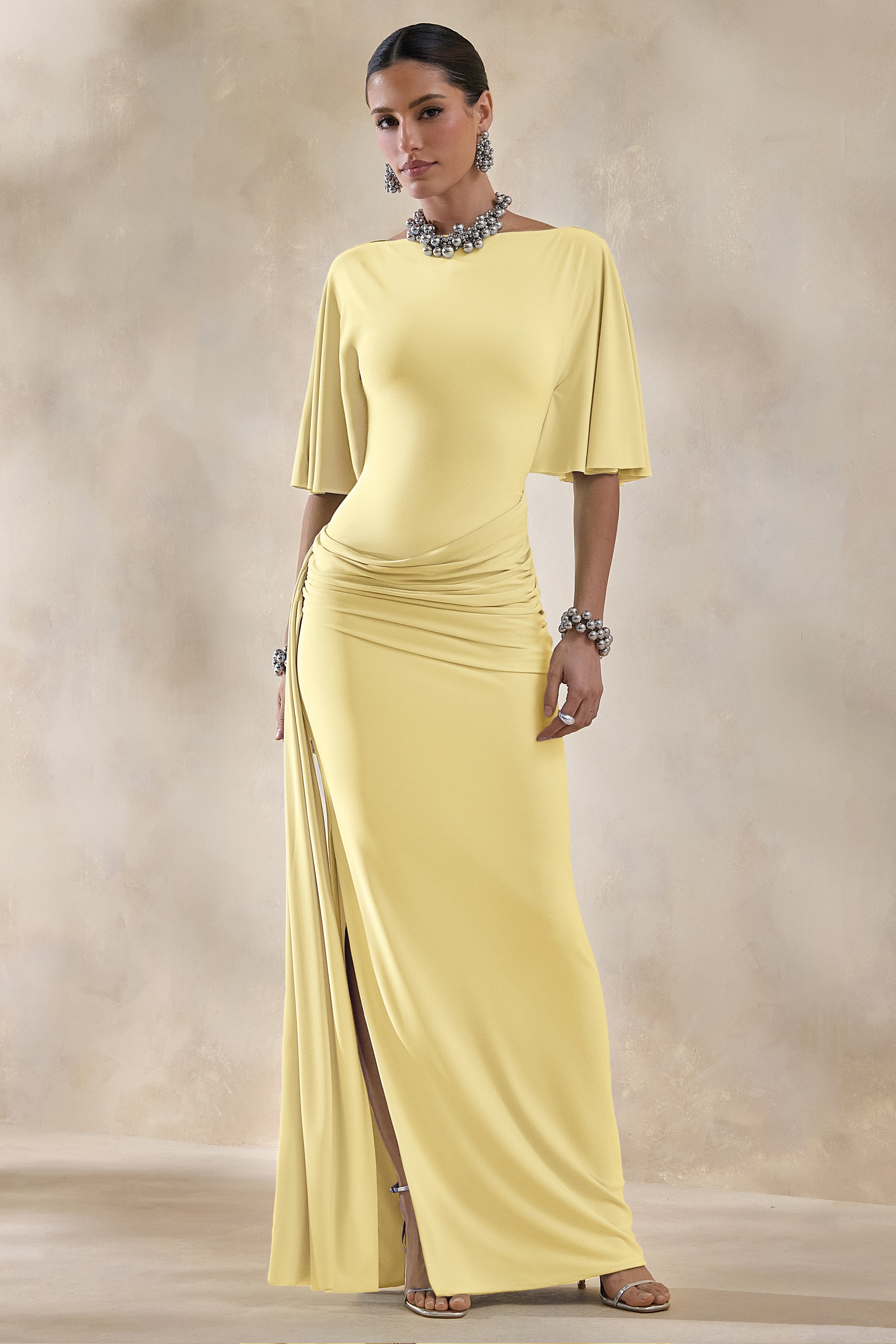 Emerelle | Lemon Wide-Neck Maxi Dress With Sash And Draped-Detailing-Sowoom