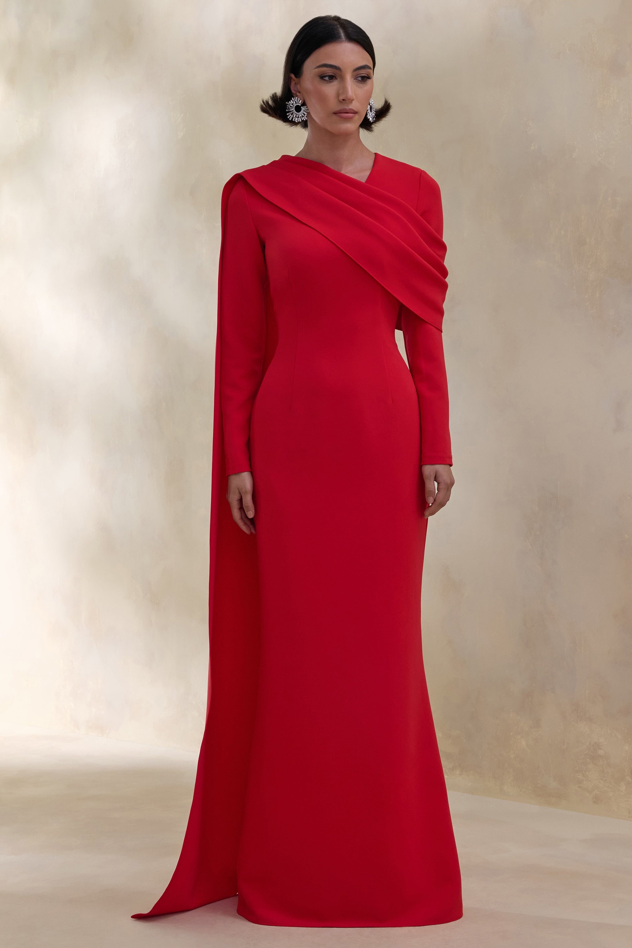 Heliora | Red V-Neck Maxi Dress With Sash And Draped-Detail-Sowoom