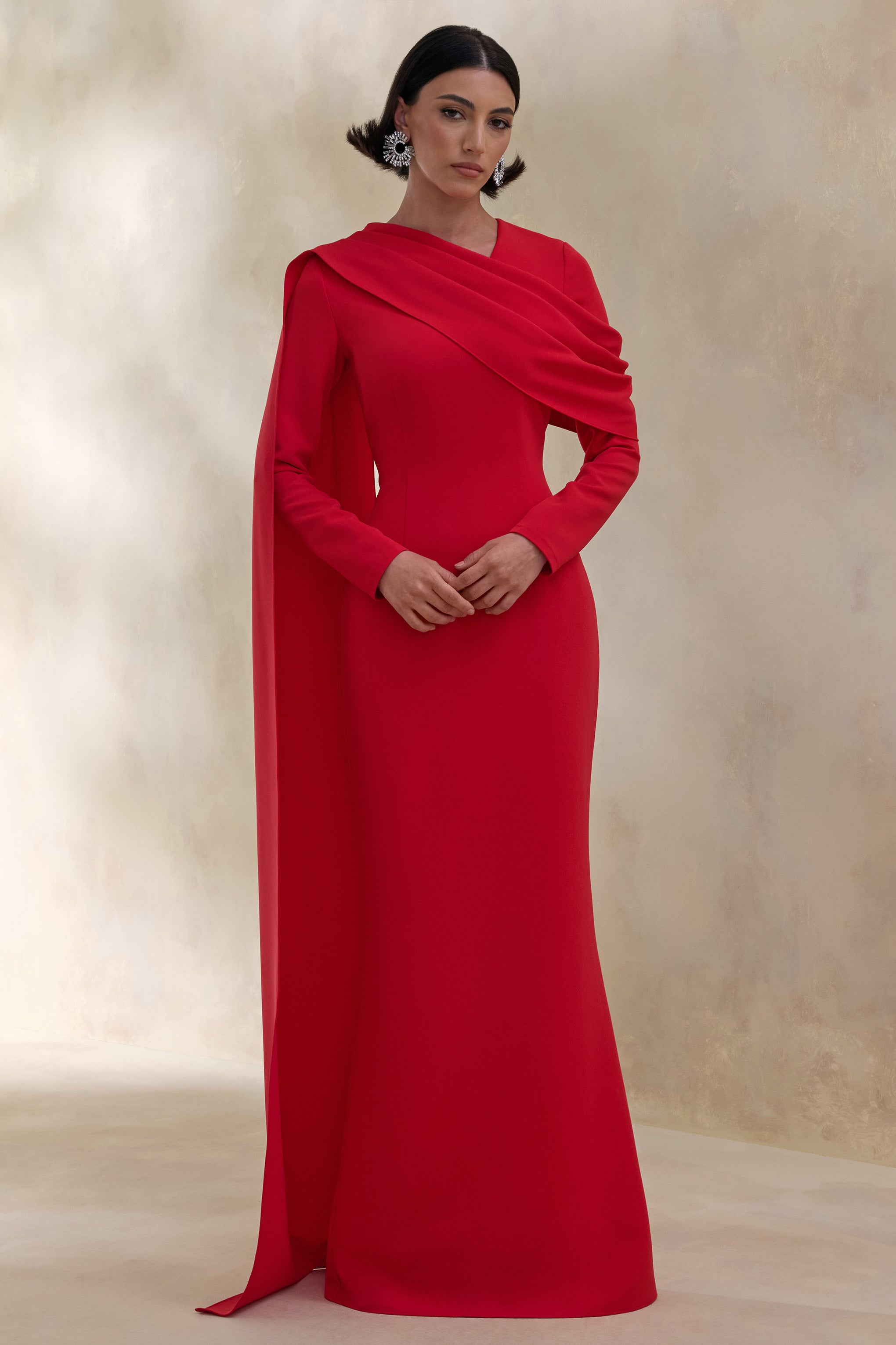 Heliora | Red V-Neck Maxi Dress With Sash And Draped-Detail-Sowoom