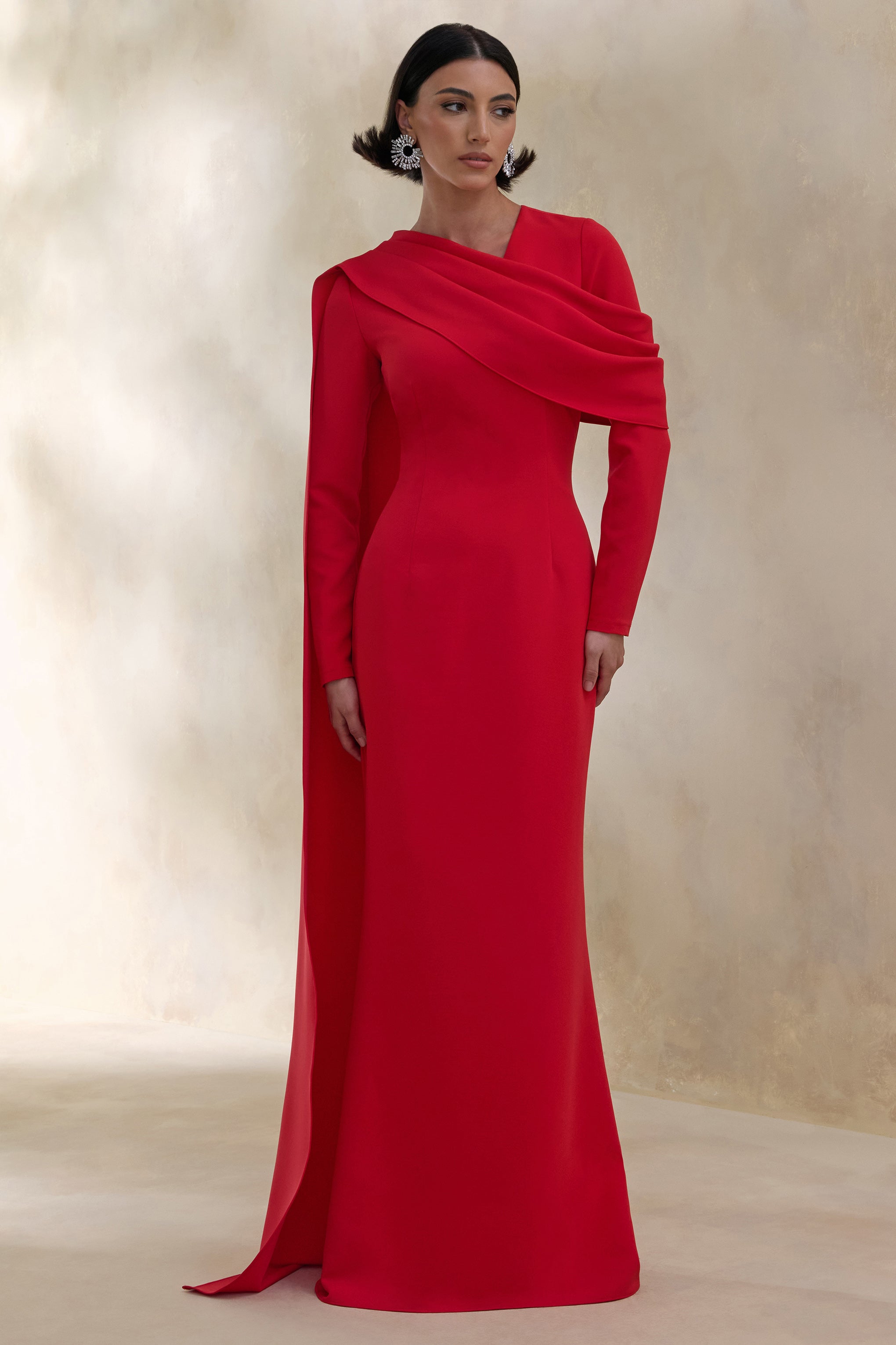 Heliora | Red V-Neck Maxi Dress With Sash And Draped-Detail-Sowoom