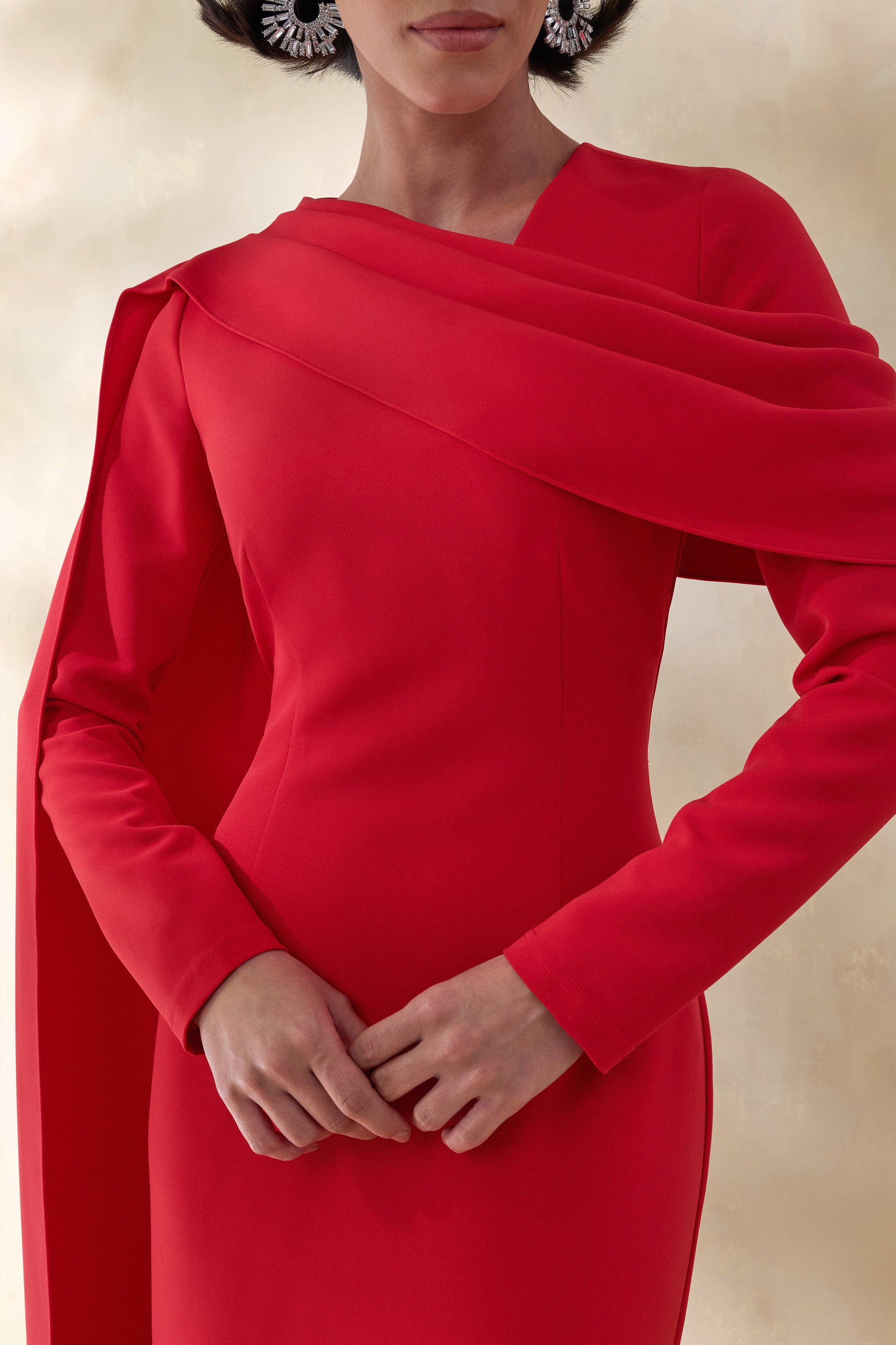 Heliora | Red V-Neck Maxi Dress With Sash And Draped-Detail-Sowoom