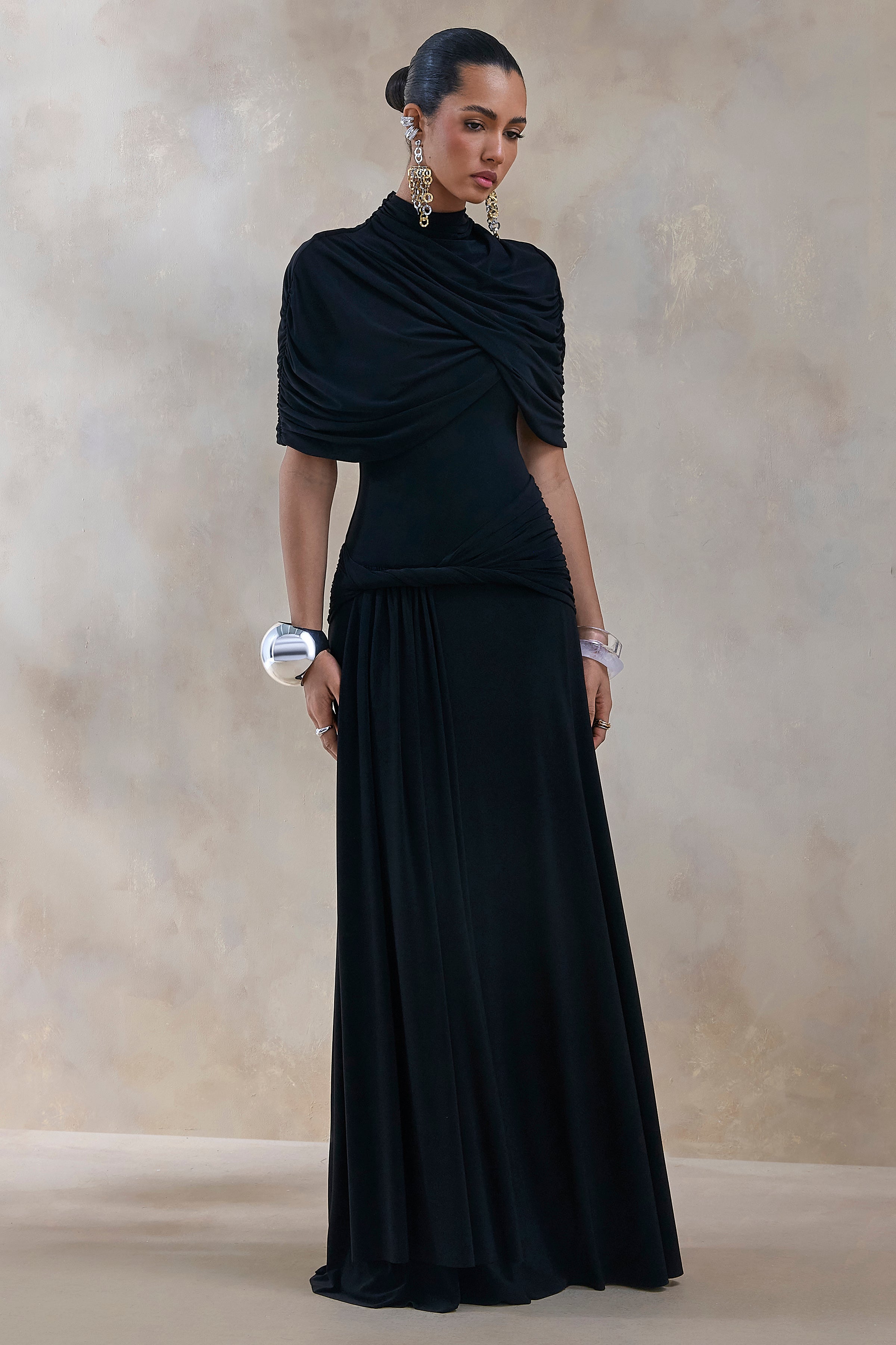 Evelisse | Black High-Neck Maxi Dress With Short-Cape Sleeves-Sowoom