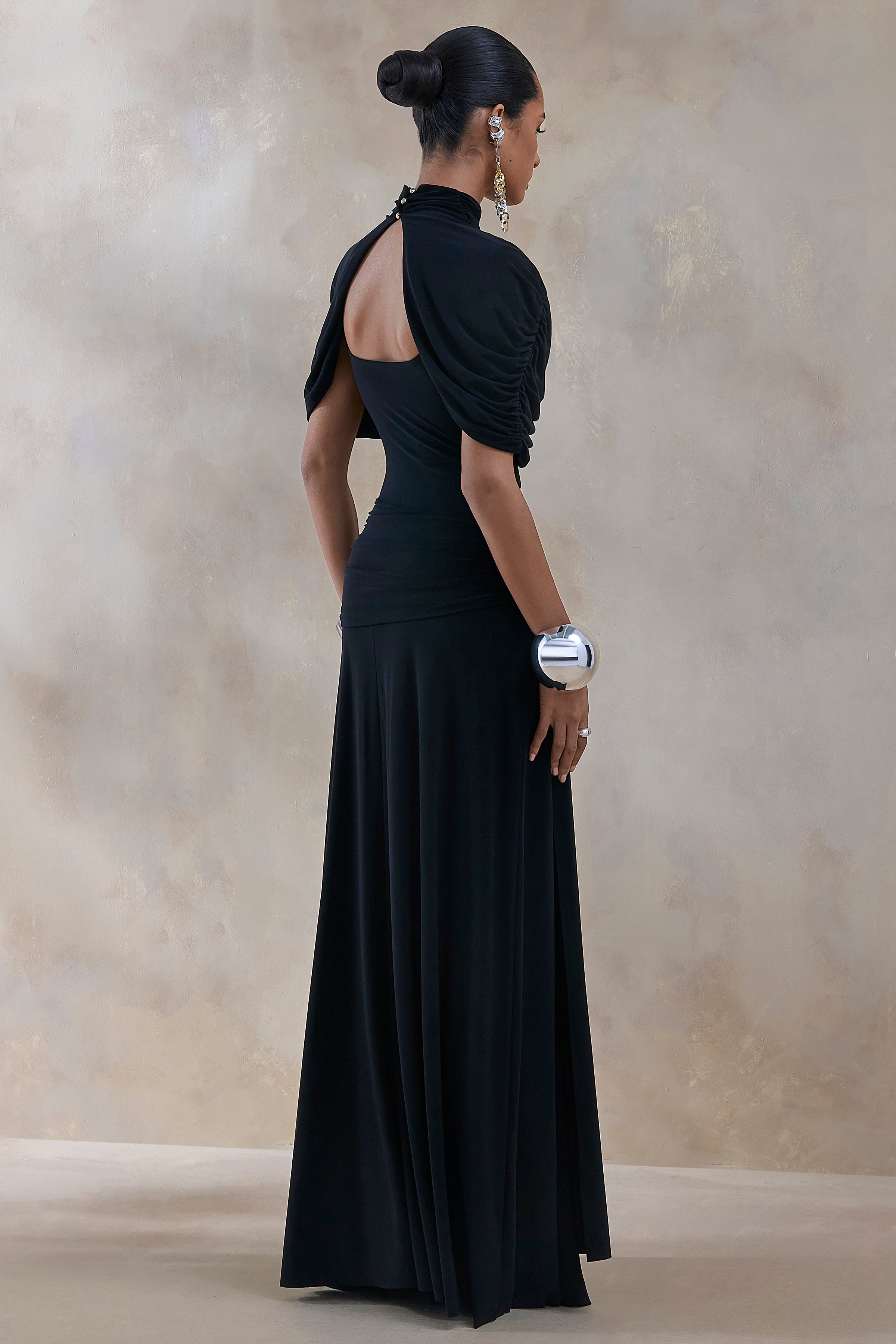 Evelisse | Black High-Neck Maxi Dress With Short-Cape Sleeves-Sowoom