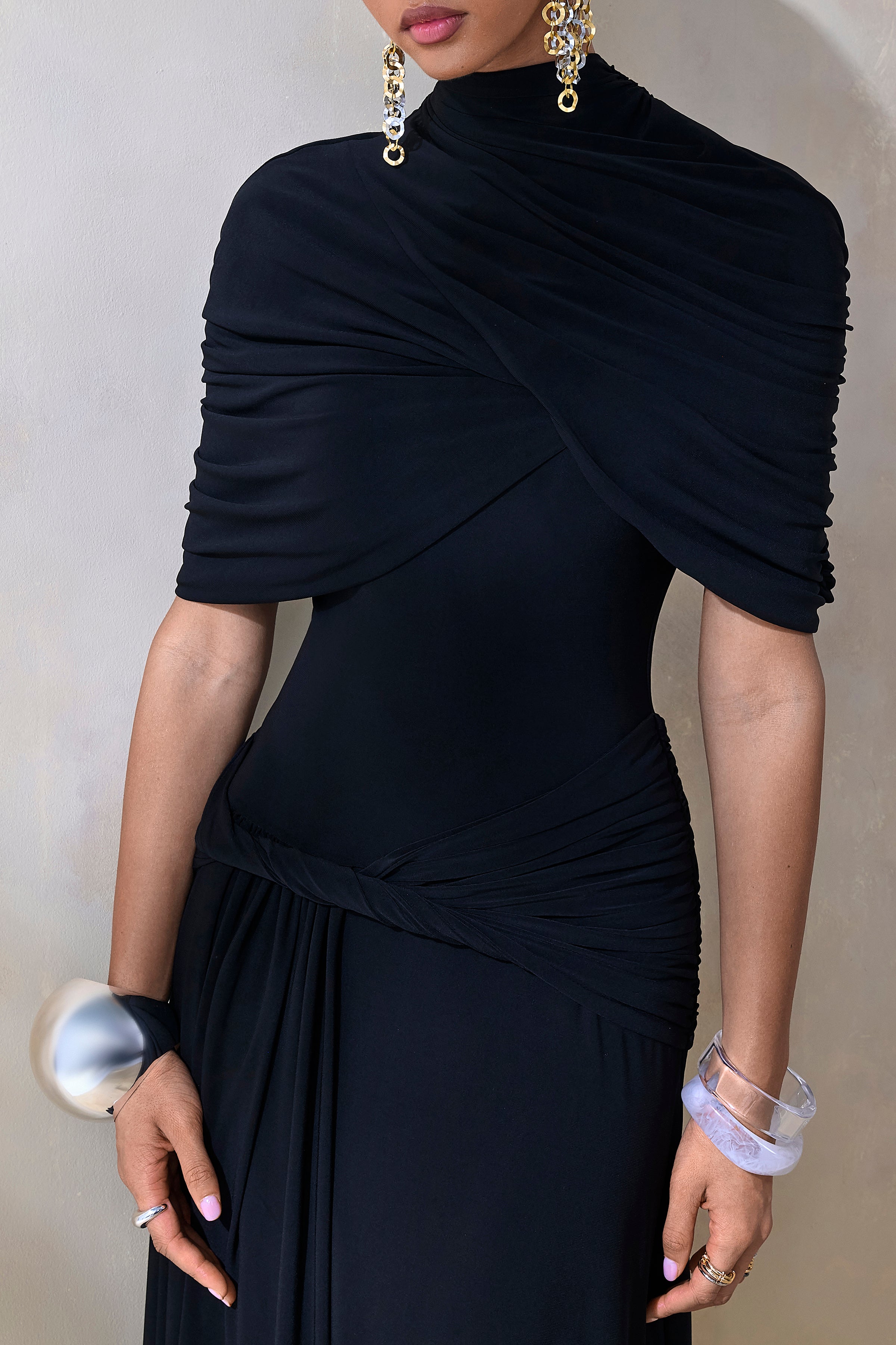 Evelisse | Black High-Neck Maxi Dress With Short-Cape Sleeves-Sowoom