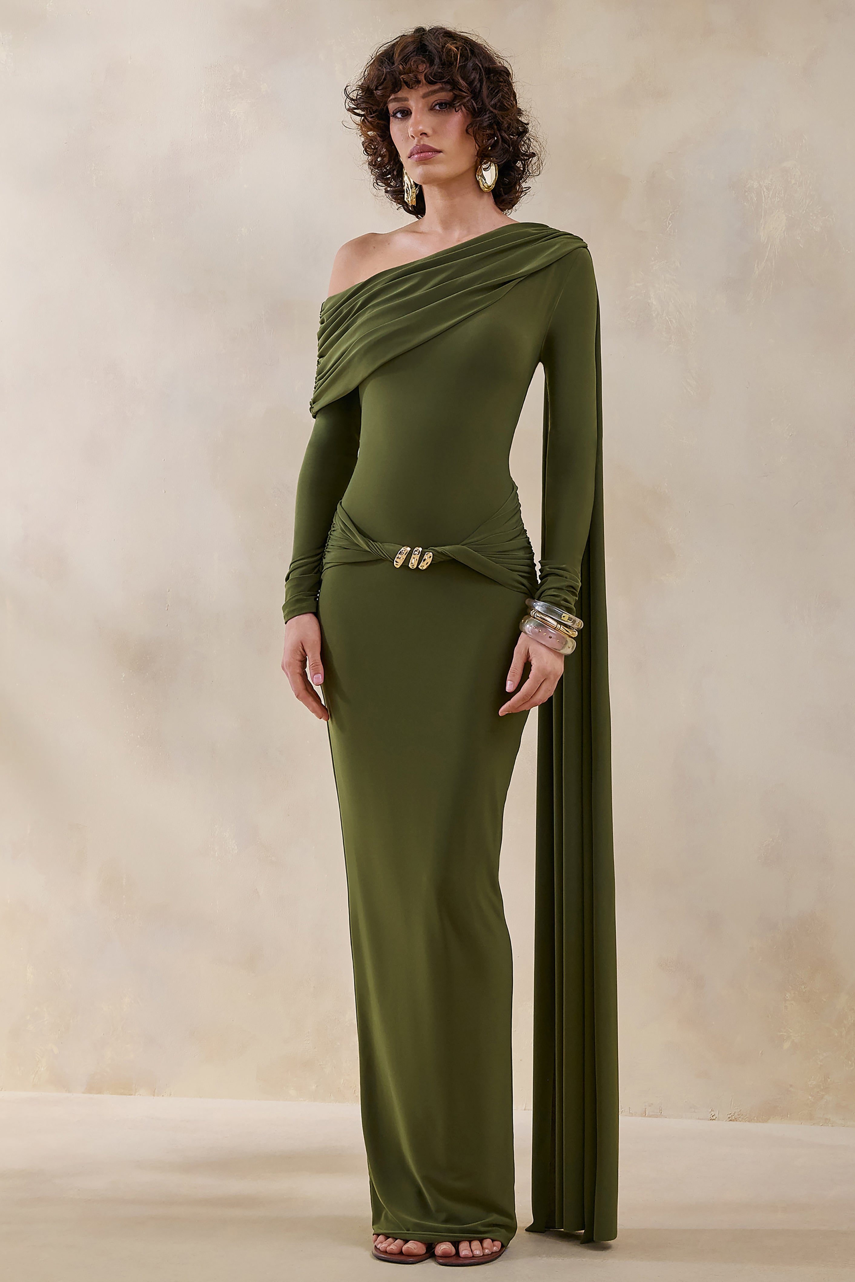 Bessy | Green Asymmetric-Neck Maxi Dress With Gathered-Detailing And Sash-Sowoom