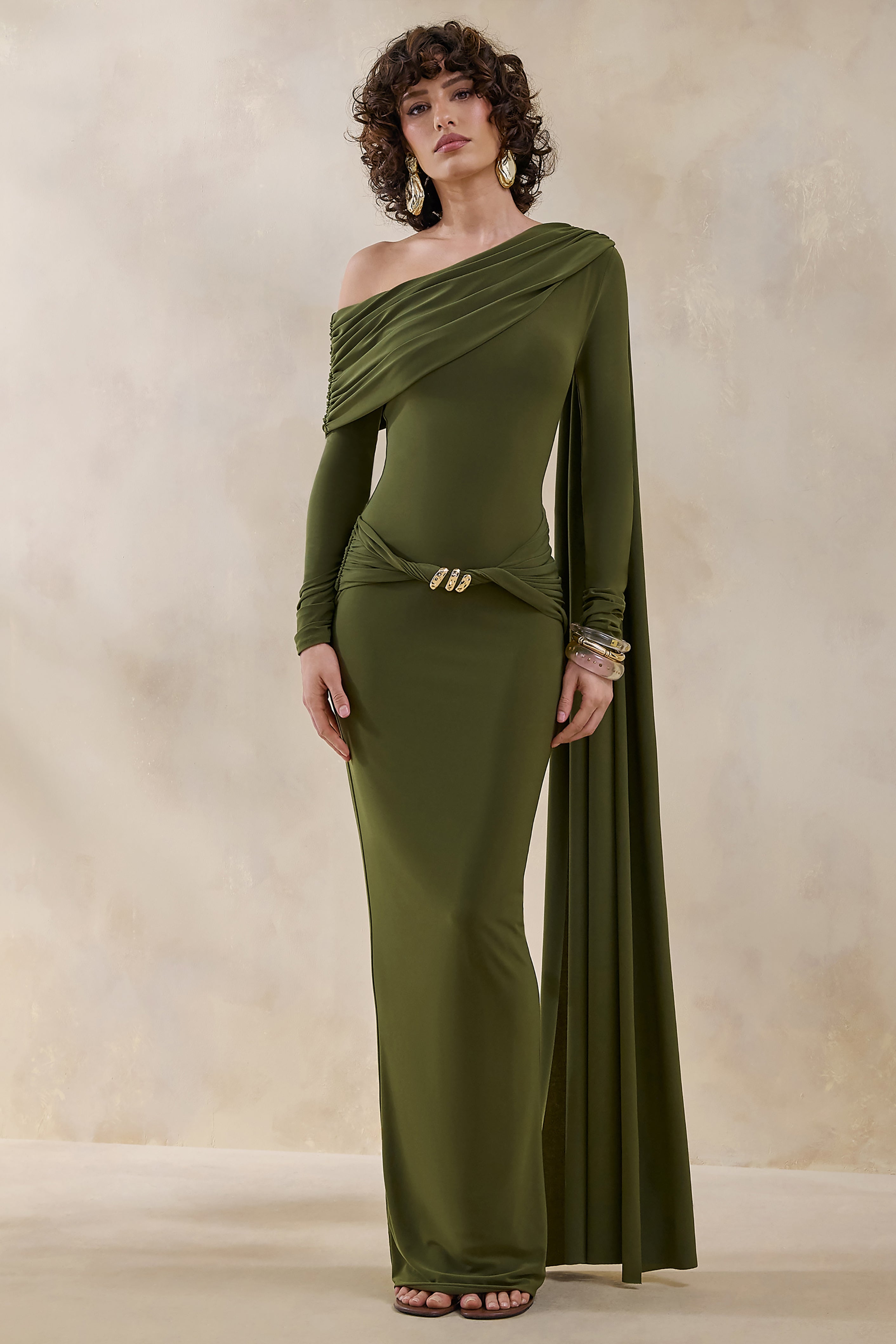 Bessy | Green Asymmetric-Neck Maxi Dress With Gathered-Detailing And Sash-Sowoom