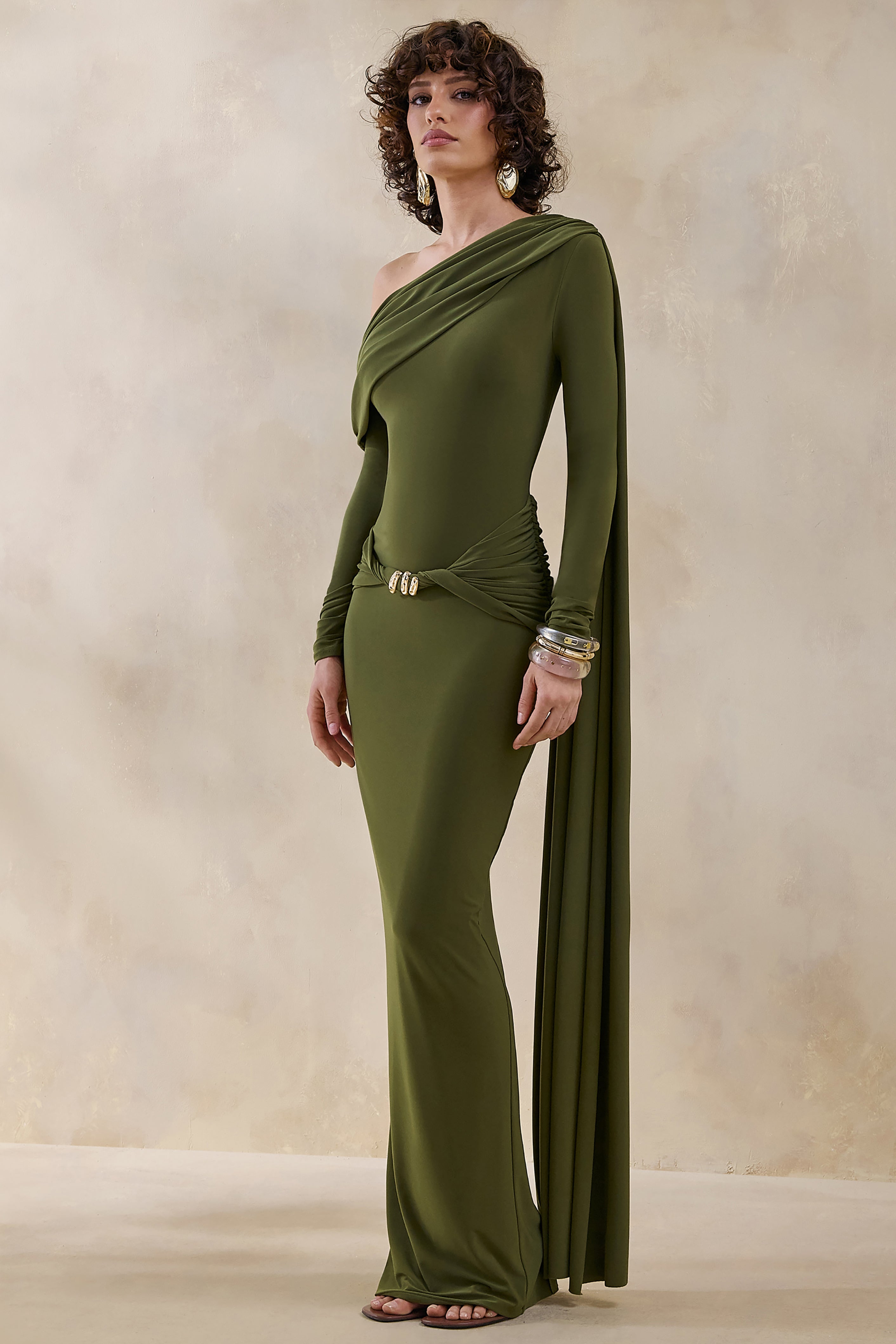 Bessy | Green Asymmetric-Neck Maxi Dress With Gathered-Detailing And Sash-Sowoom