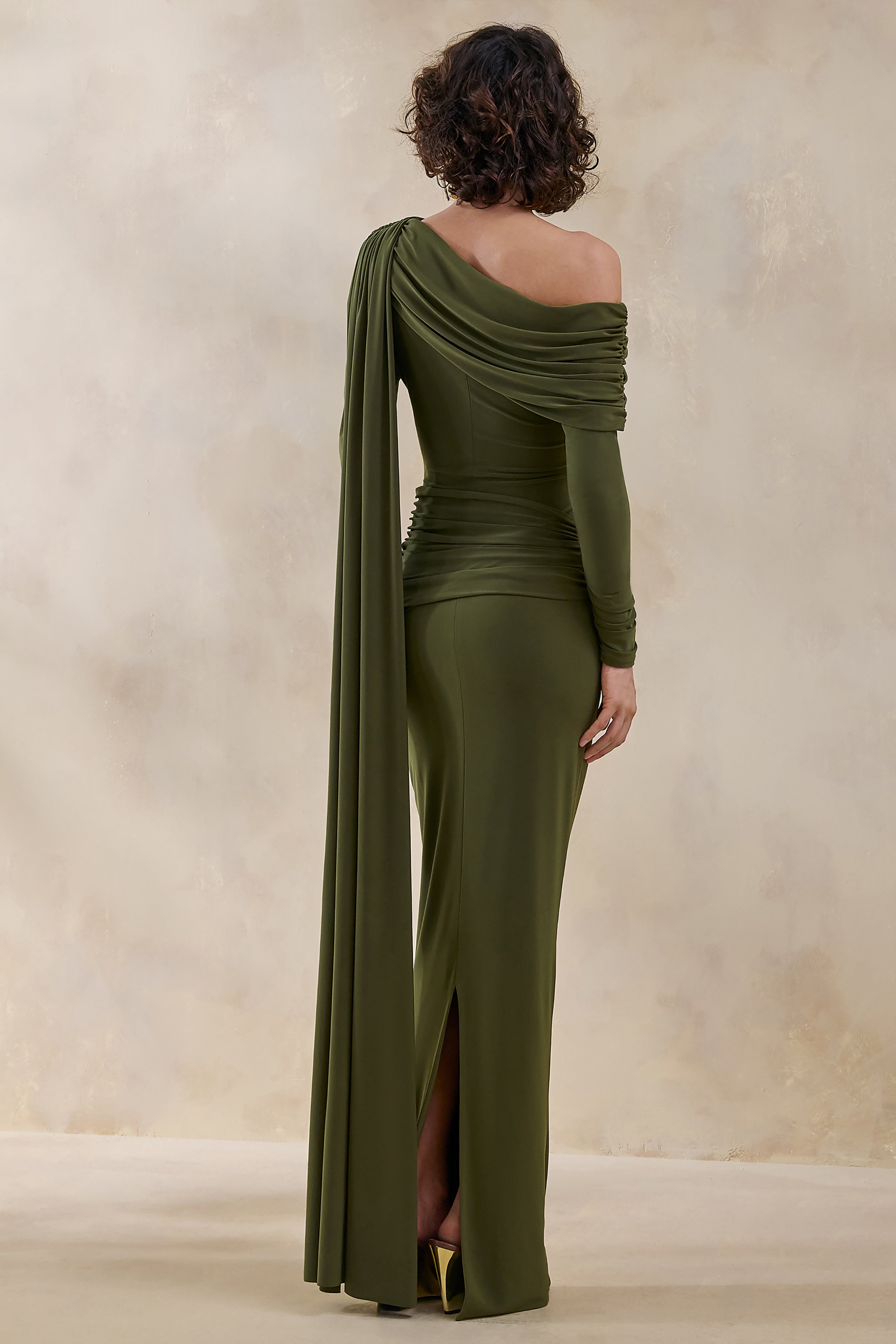 Bessy | Green Asymmetric-Neck Maxi Dress With Gathered-Detailing And Sash-Sowoom