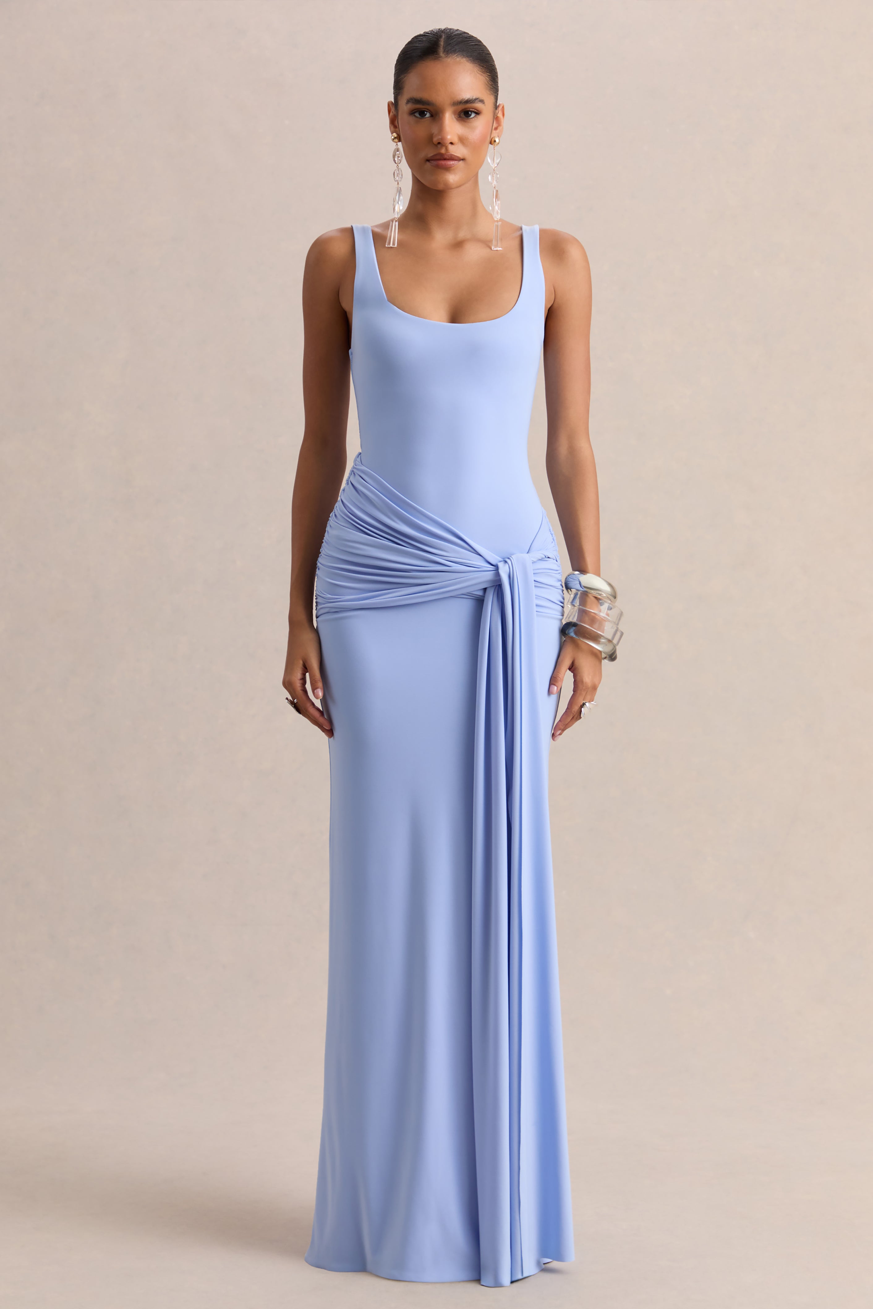 Lienna | Powder Blue Scoop-Neck Maxi Dress With Gathered-Detail And Sash-Sowoom