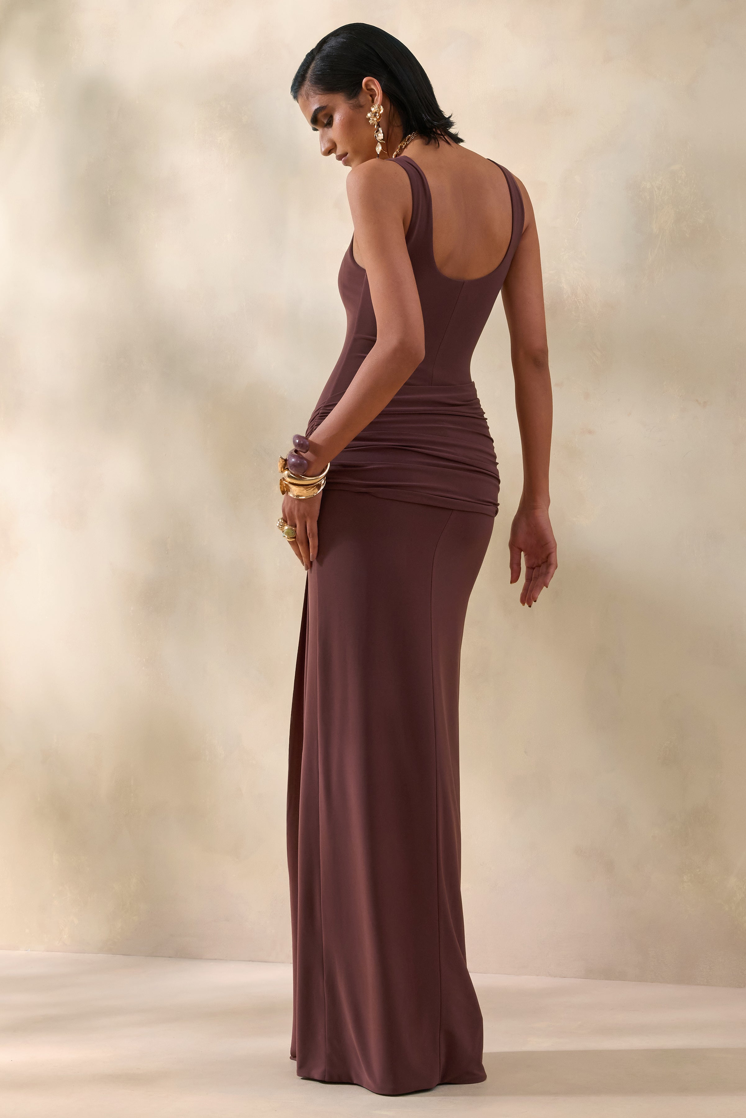 Lienna | Brown Scoop-Neck Maxi Dress With Gathered-Detail And Sash-Sowoom