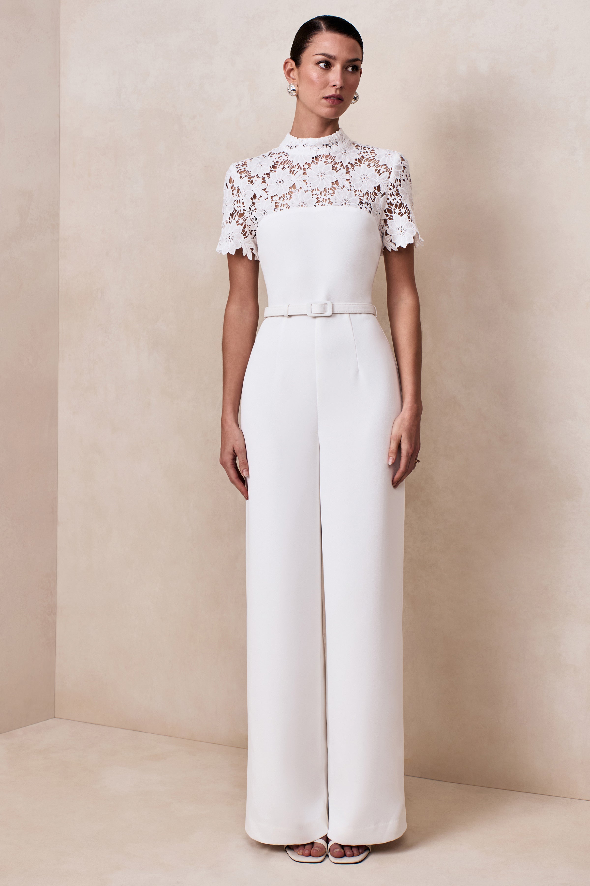 Liliana | White High-Neck Jumpsuit With Lace Detailing-Sowoom