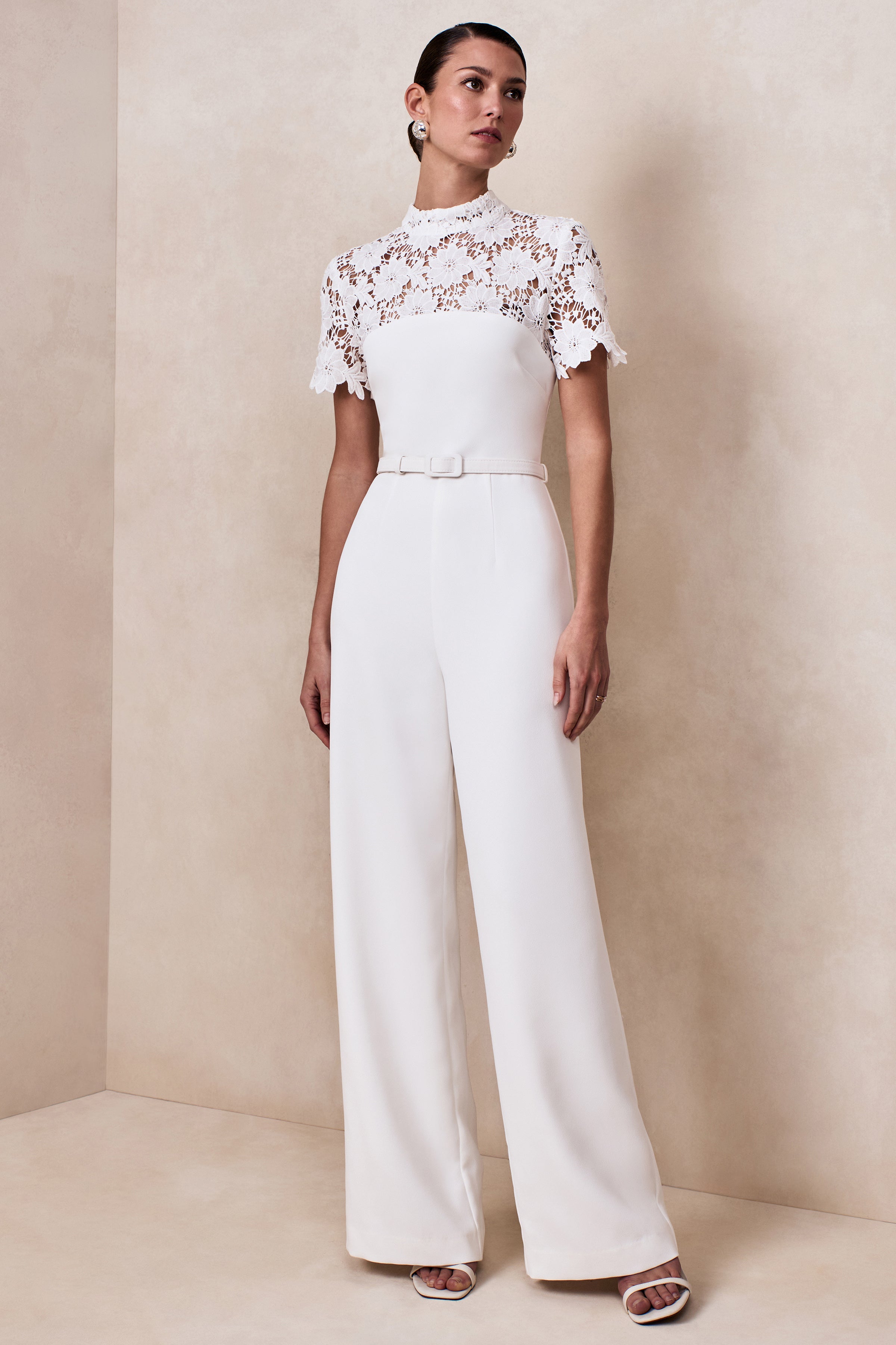 Liliana | White High-Neck Jumpsuit With Lace Detailing-Sowoom
