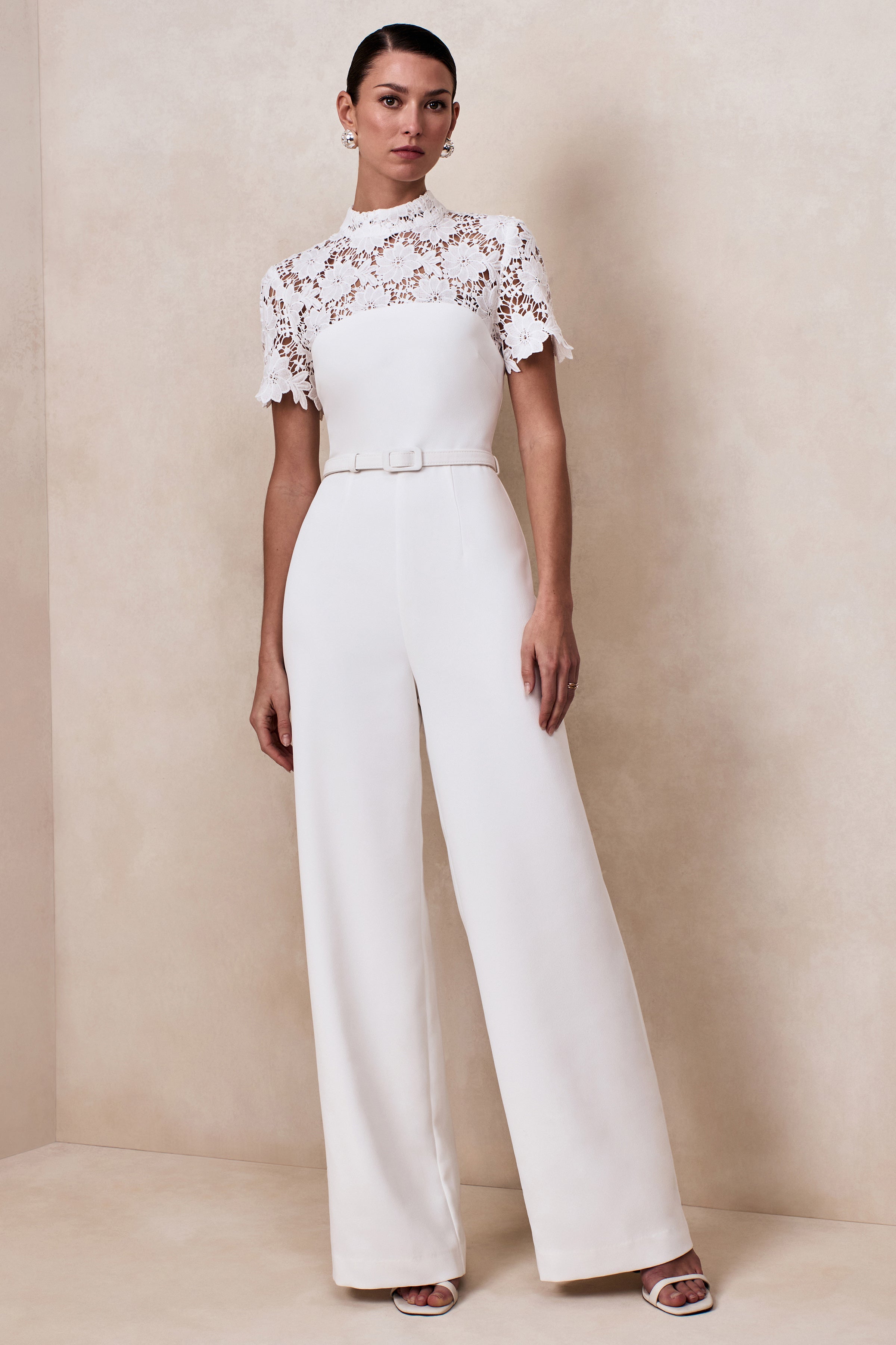 Liliana | White High-Neck Jumpsuit With Lace Detailing-Sowoom