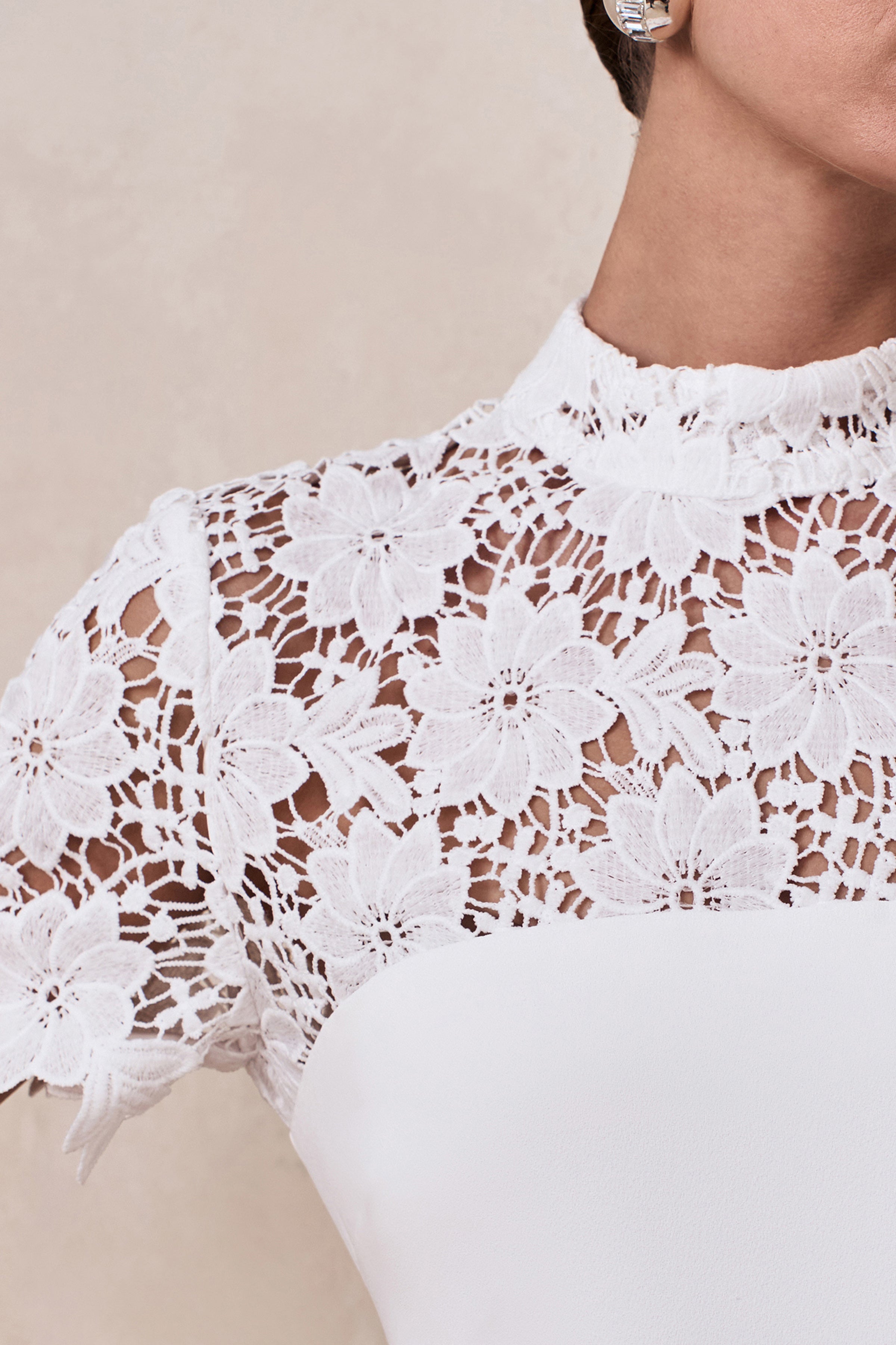 Liliana | White High-Neck Jumpsuit With Lace Detailing-Sowoom