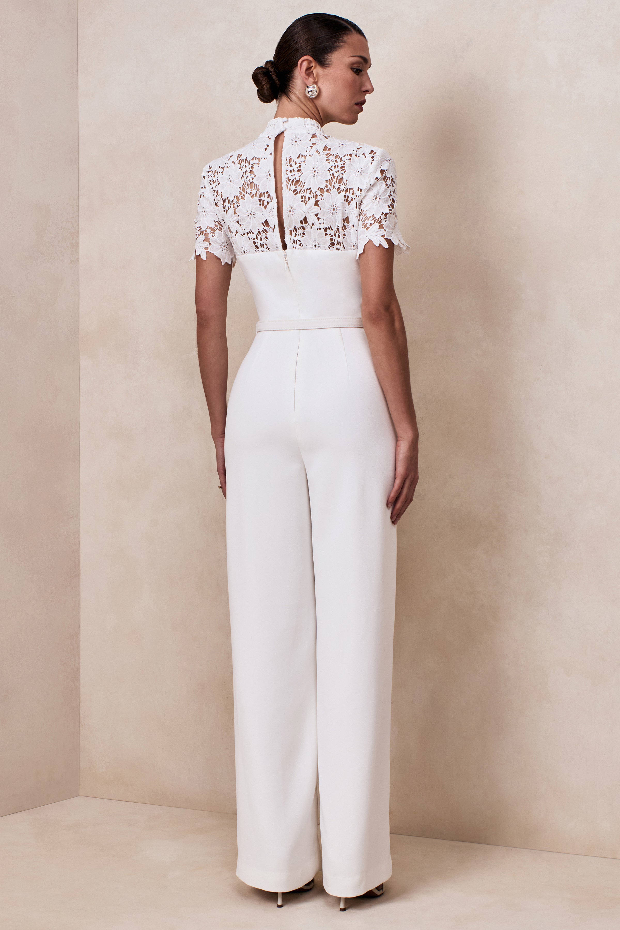 Liliana | White High-Neck Jumpsuit With Lace Detailing-Sowoom