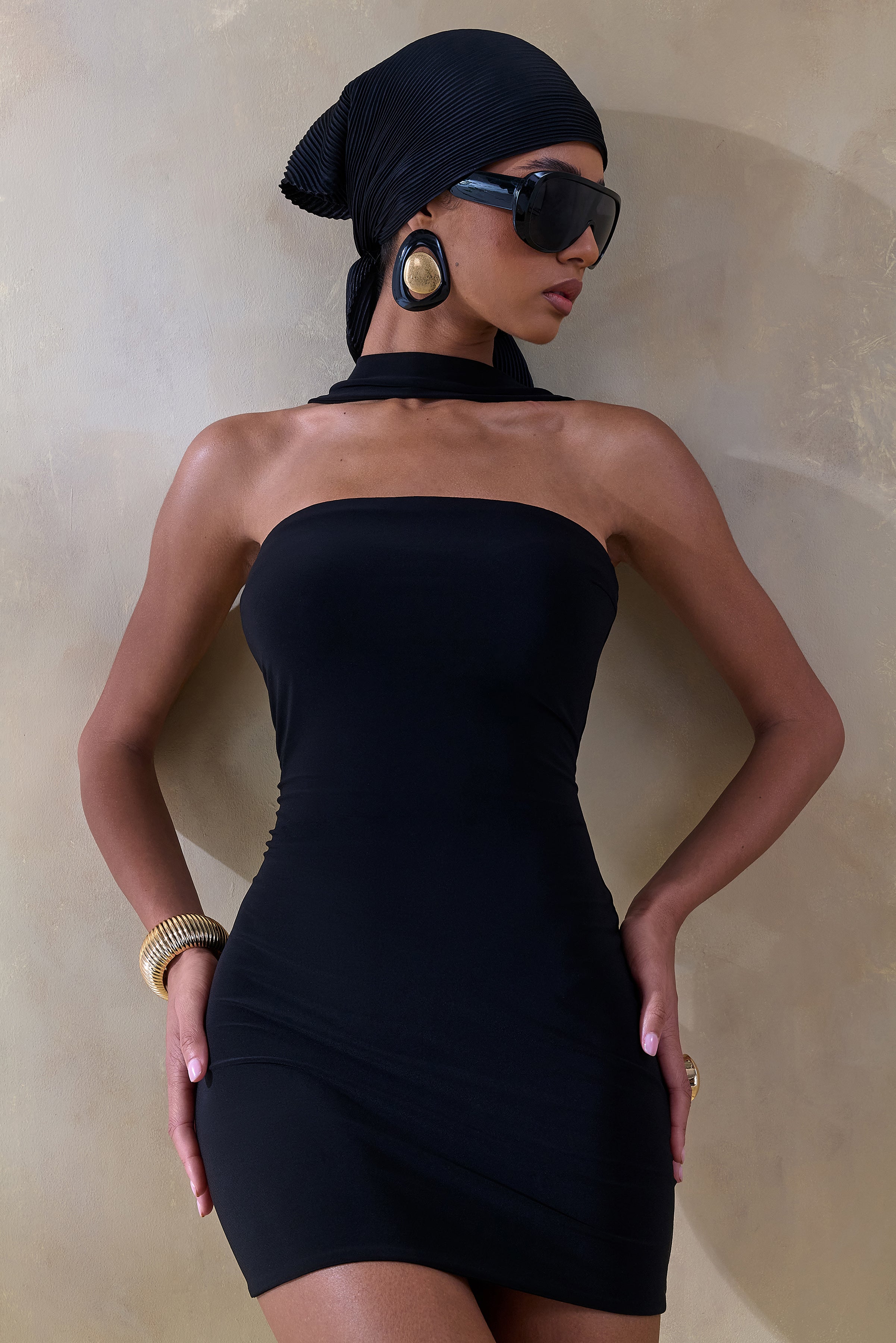 Caresse | Black Bandeau Mini-Dress With Scarf-Detail-Sowoom