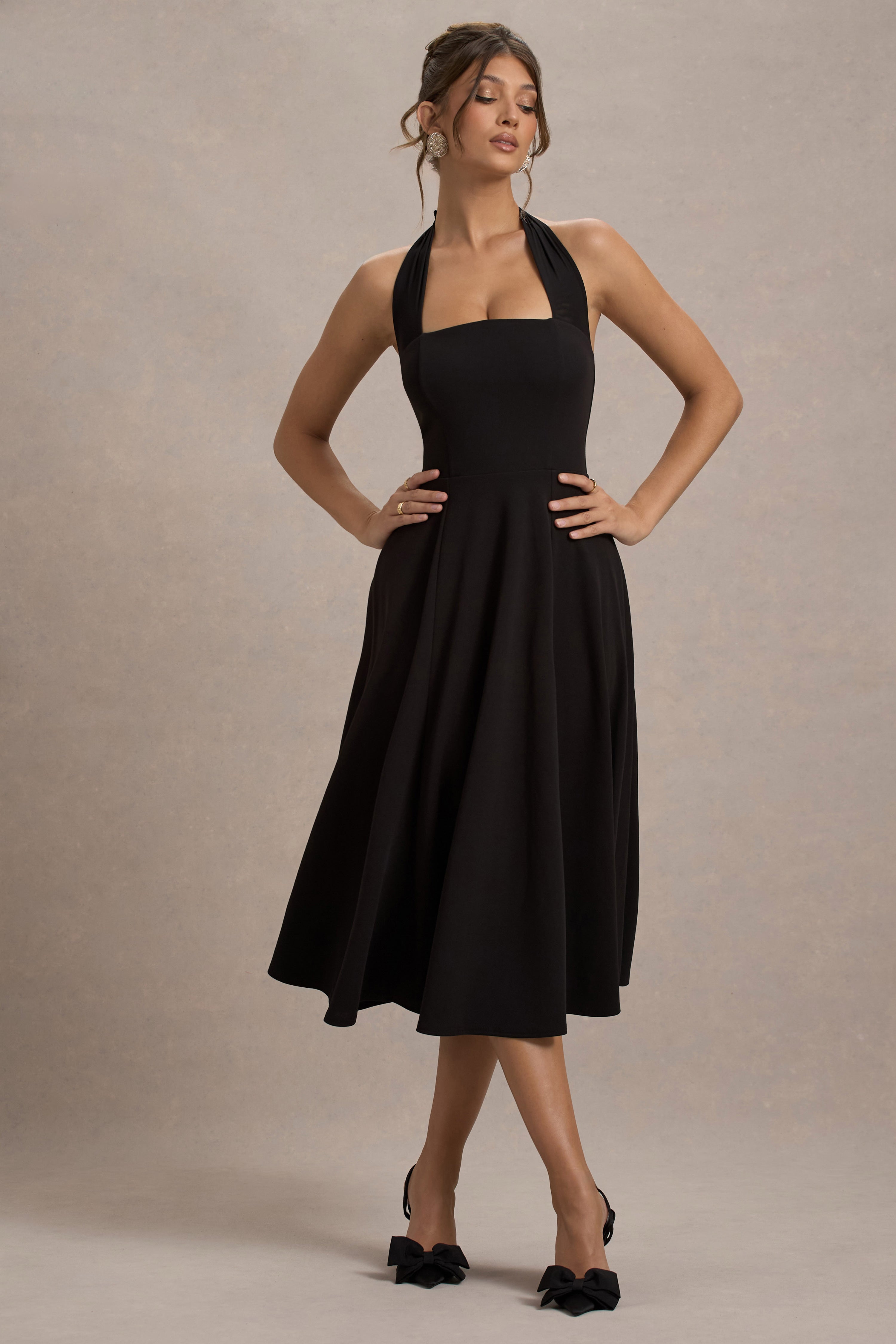 Auburn | Black Halter Skater Midi Dress-Sowoom