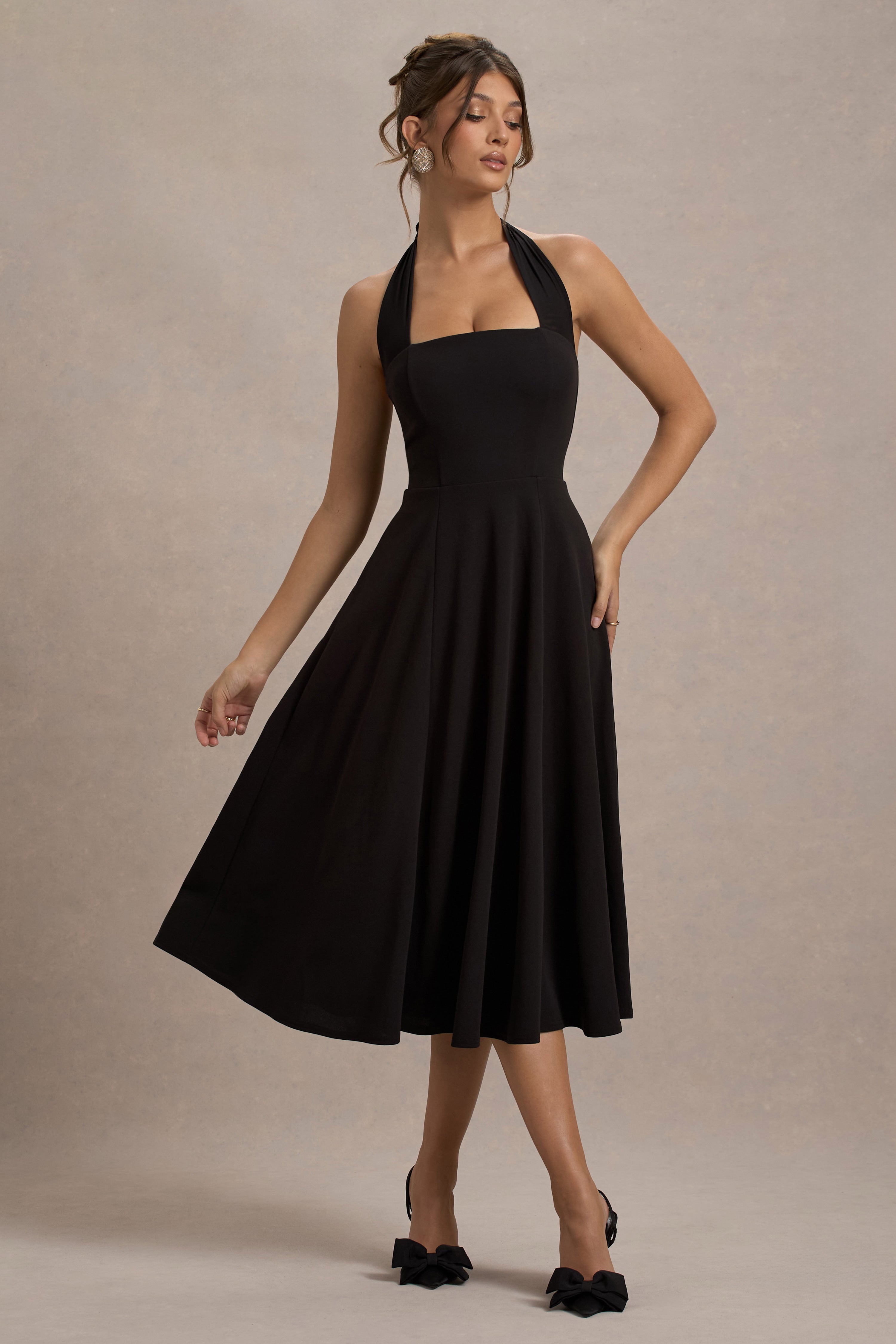 Auburn | Black Halter Skater Midi Dress-Sowoom