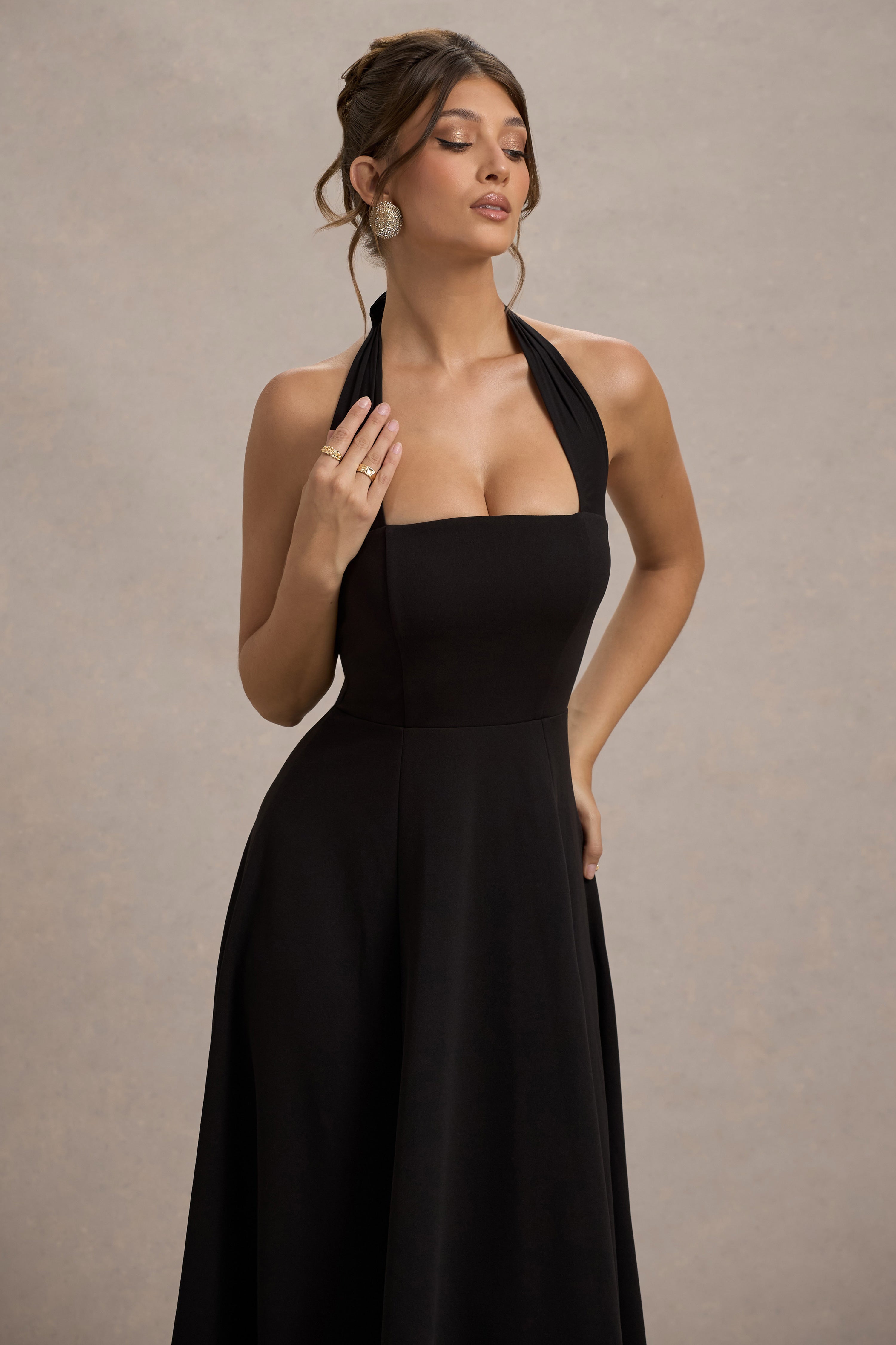 Auburn | Black Halter Skater Midi Dress-Sowoom