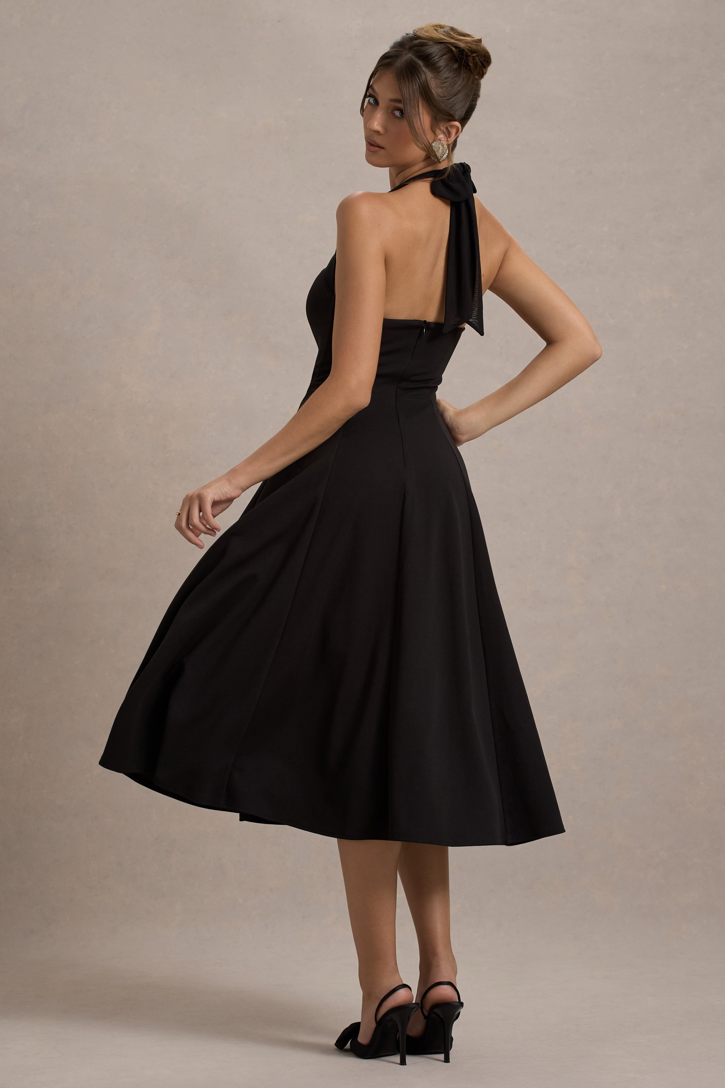 Auburn | Black Halter Skater Midi Dress-Sowoom