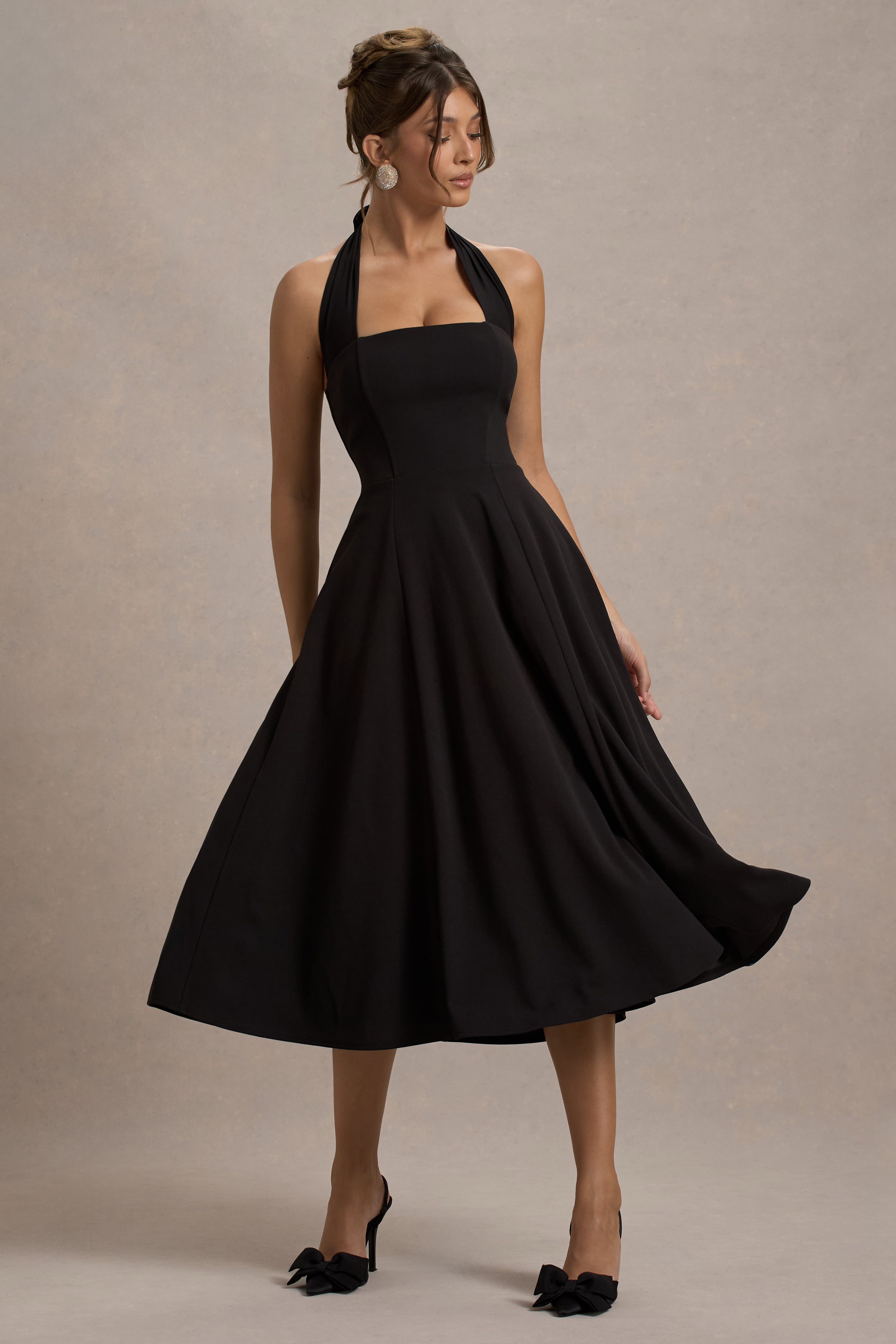 Auburn | Black Halter Skater Midi Dress-Sowoom