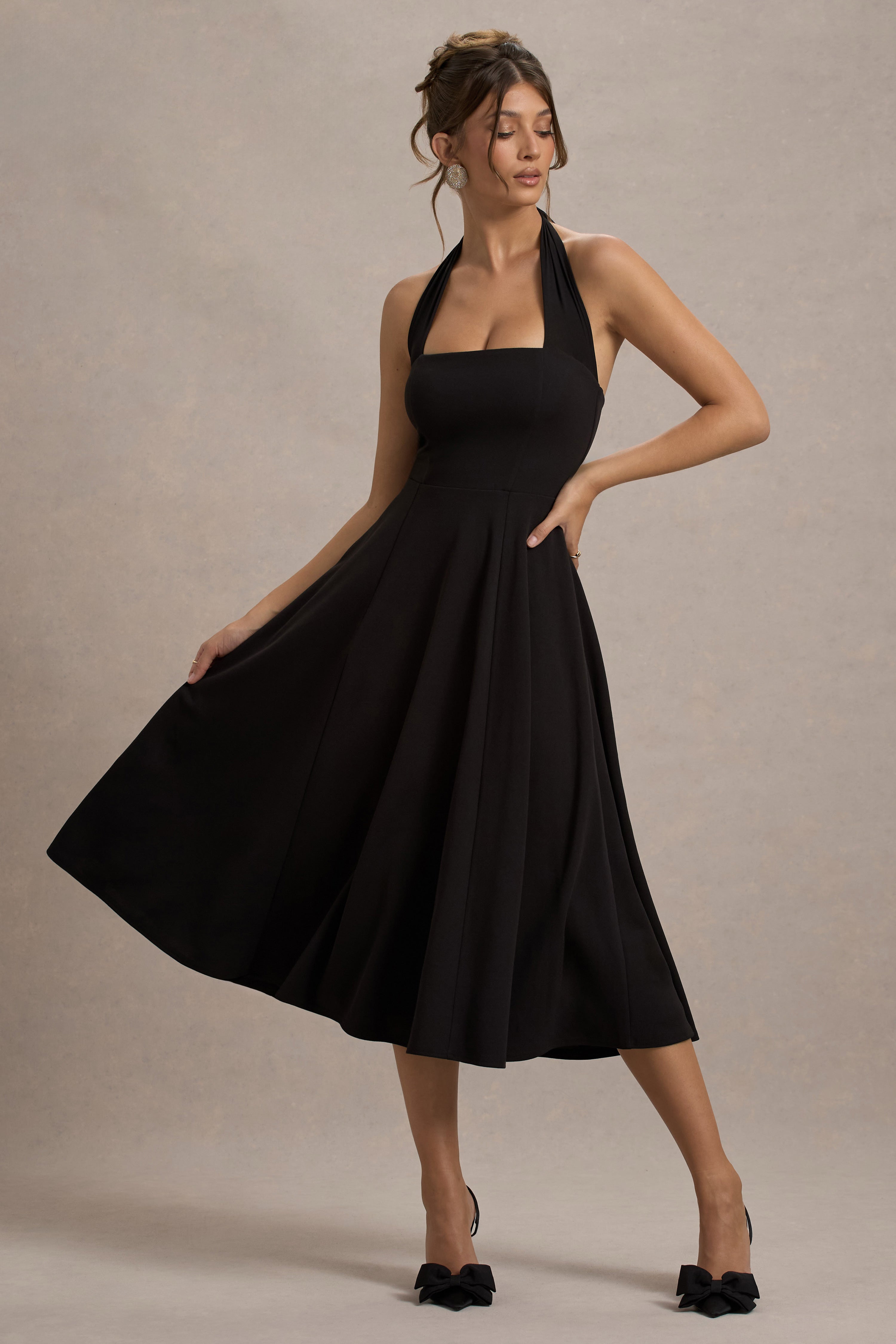 Auburn | Black Halter Skater Midi Dress-Sowoom