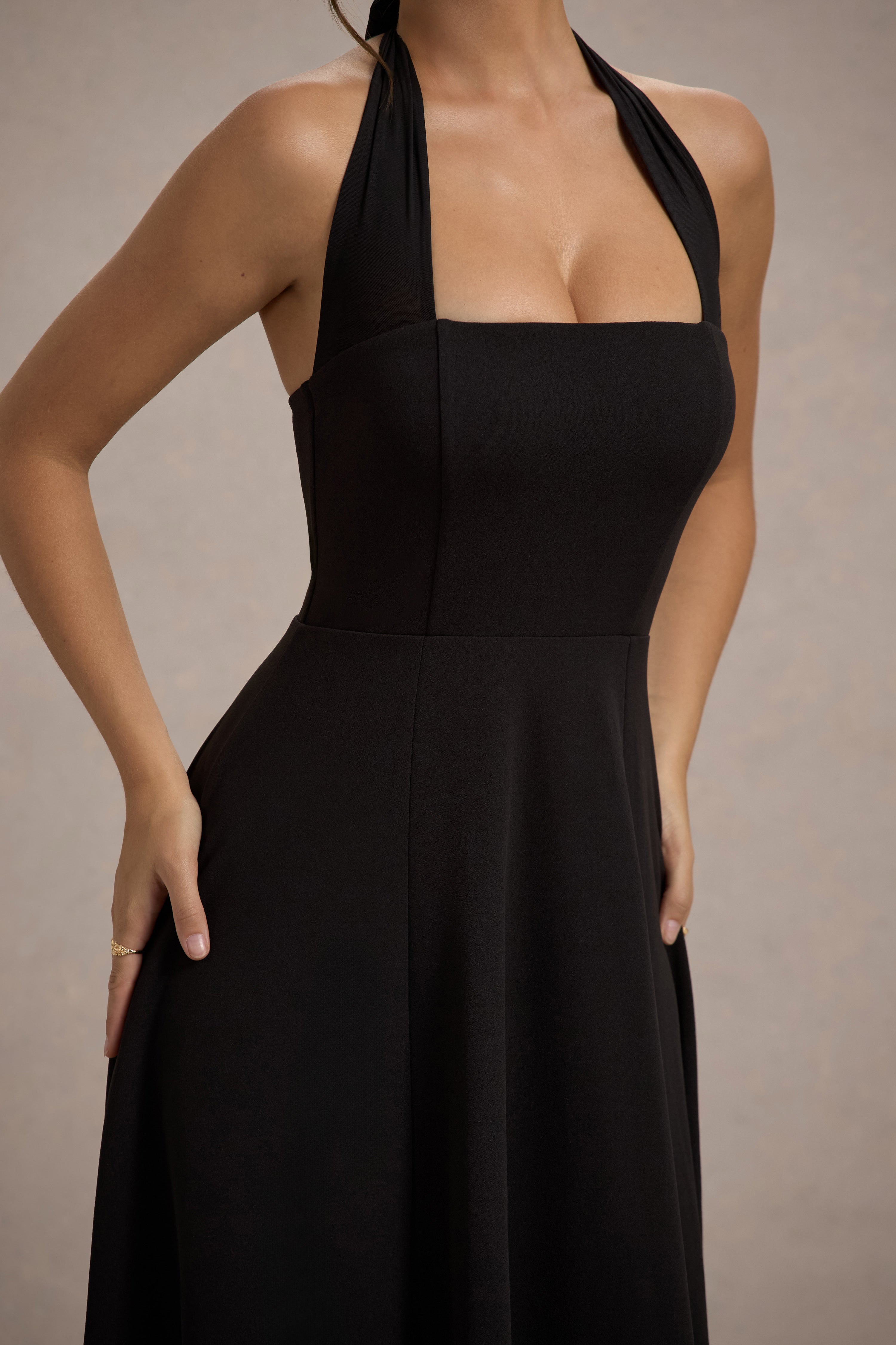 Auburn | Black Halter Skater Midi Dress-Sowoom