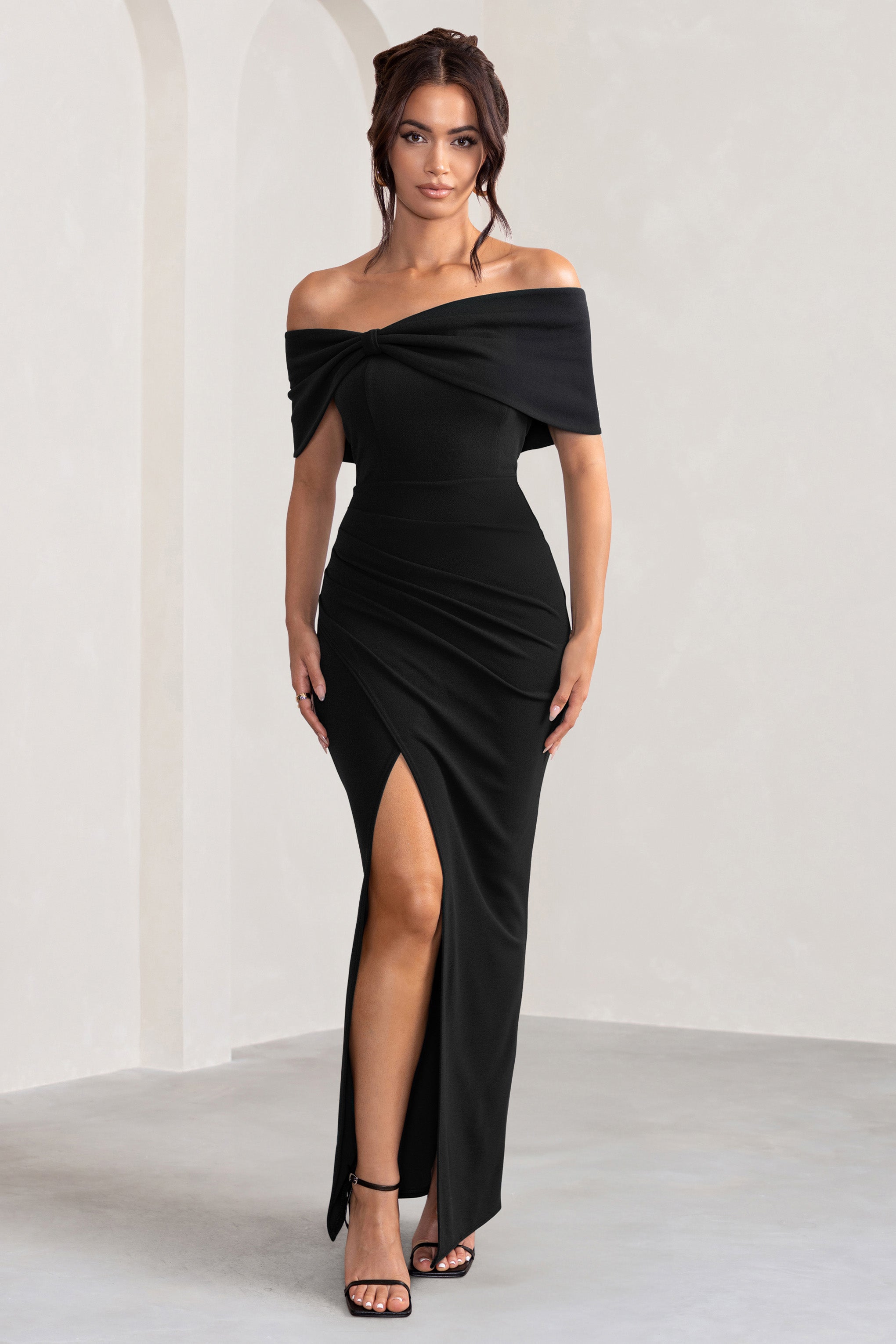 Eva | Black Bardot Bow Detail Maxi Dress With Thigh Split-Sowoom
