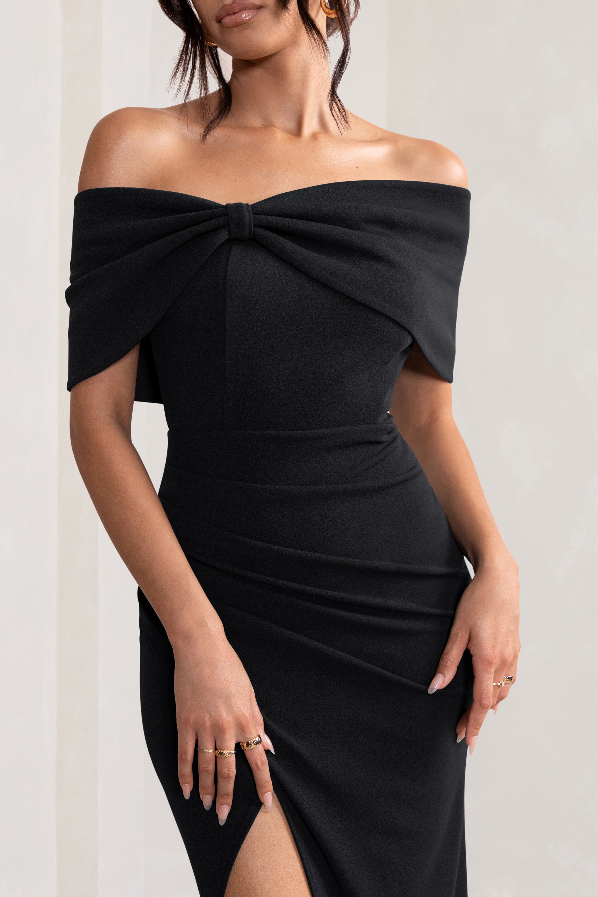 Eva | Black Bardot Bow Detail Maxi Dress With Thigh Split-Sowoom