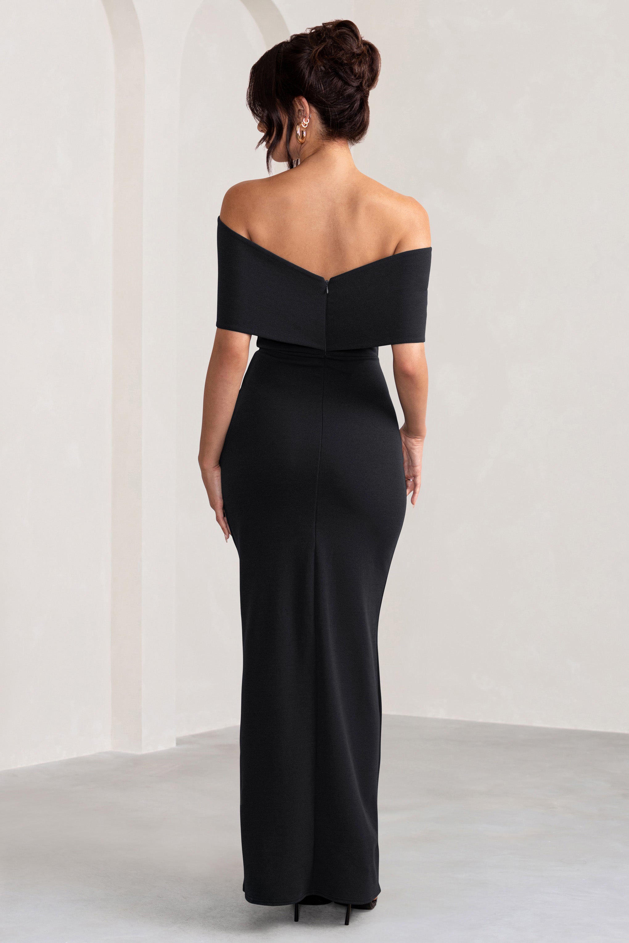 Eva | Black Bardot Bow Detail Maxi Dress With Thigh Split-Sowoom