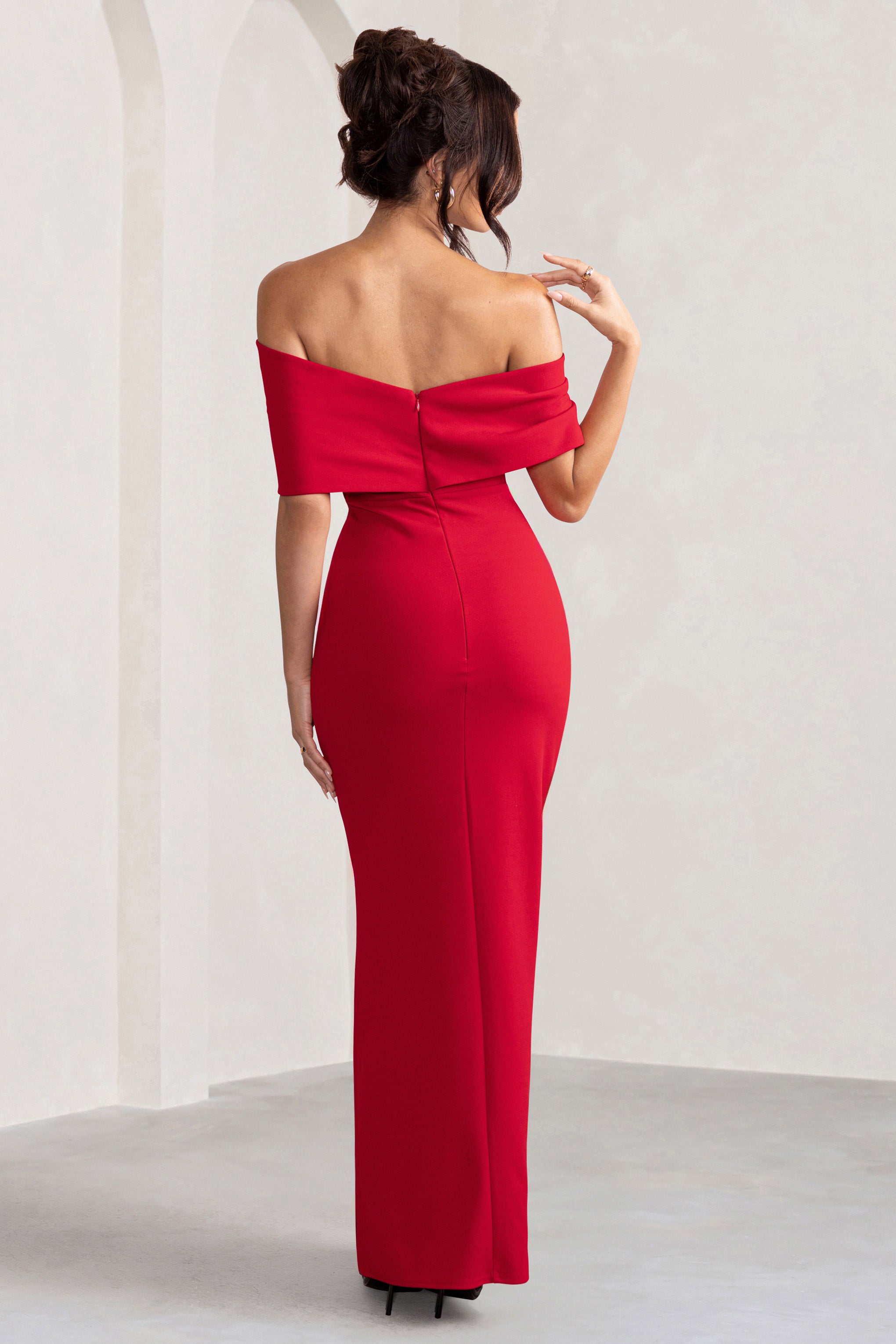 Eva | Red Bardot Bow Detail Maxi Dress With Thigh Split-Sowoom