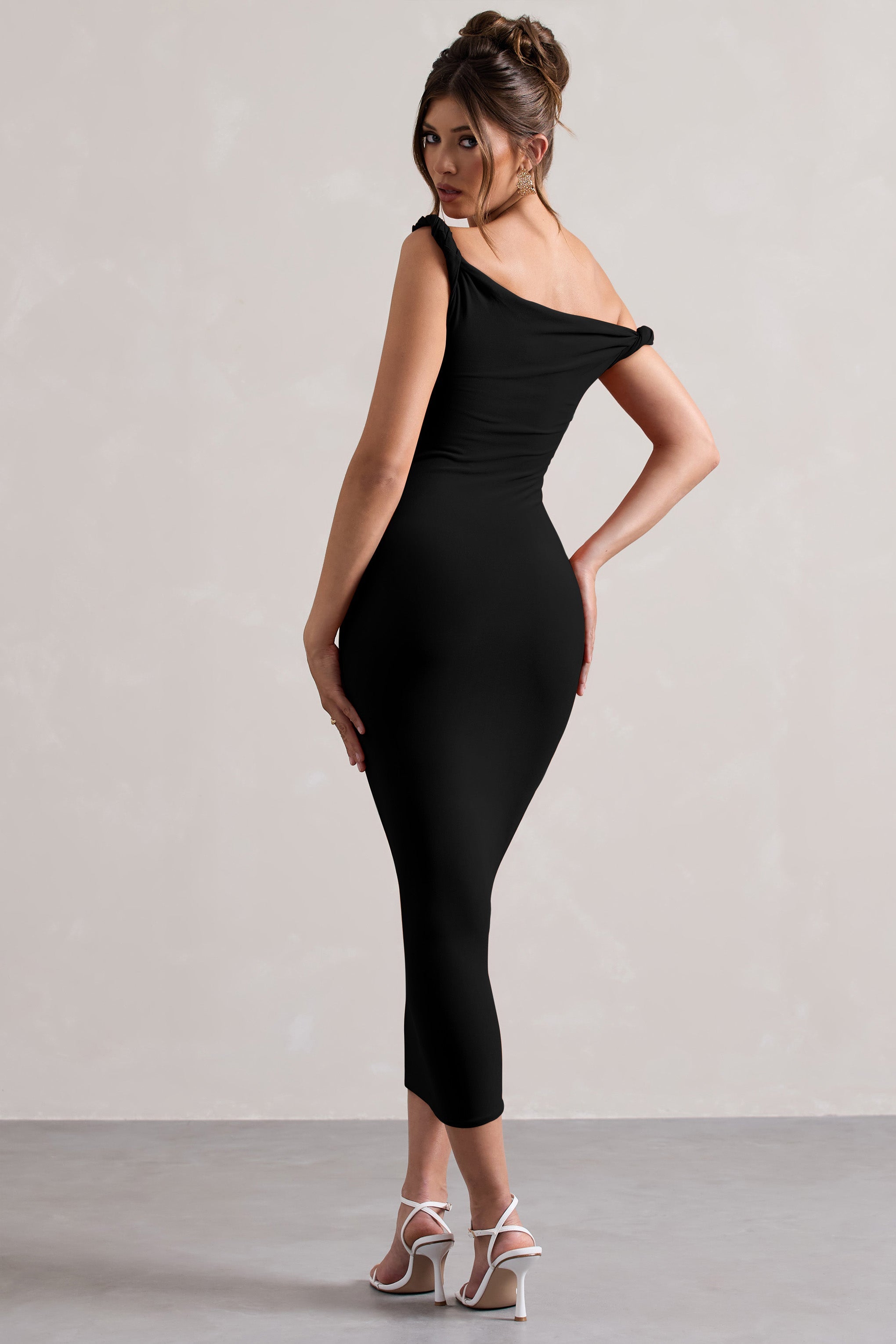 Salome | Black Twisted Asymmetric Midi Dress-Sowoom