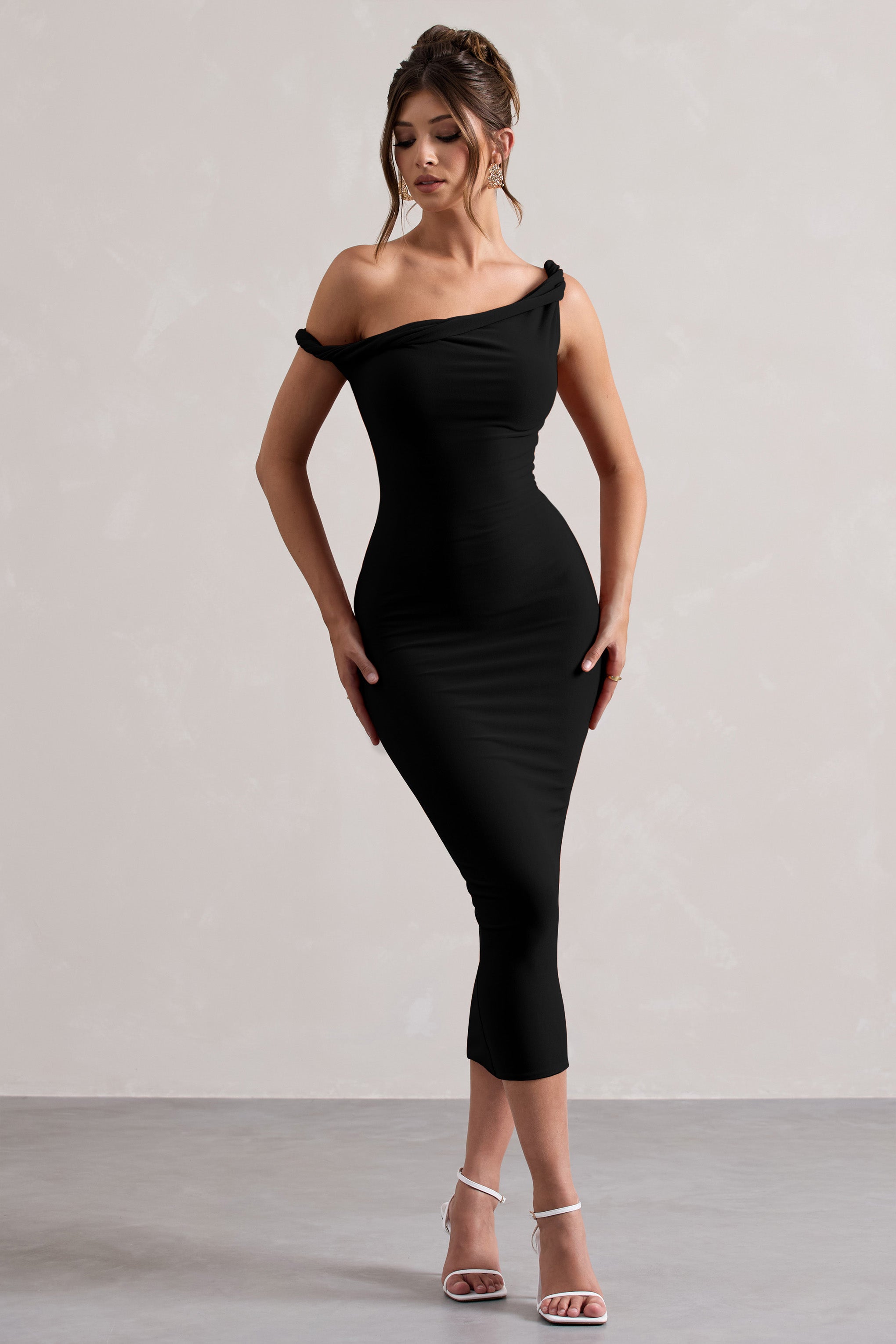 Salome | Black Twisted Asymmetric Midi Dress-Sowoom