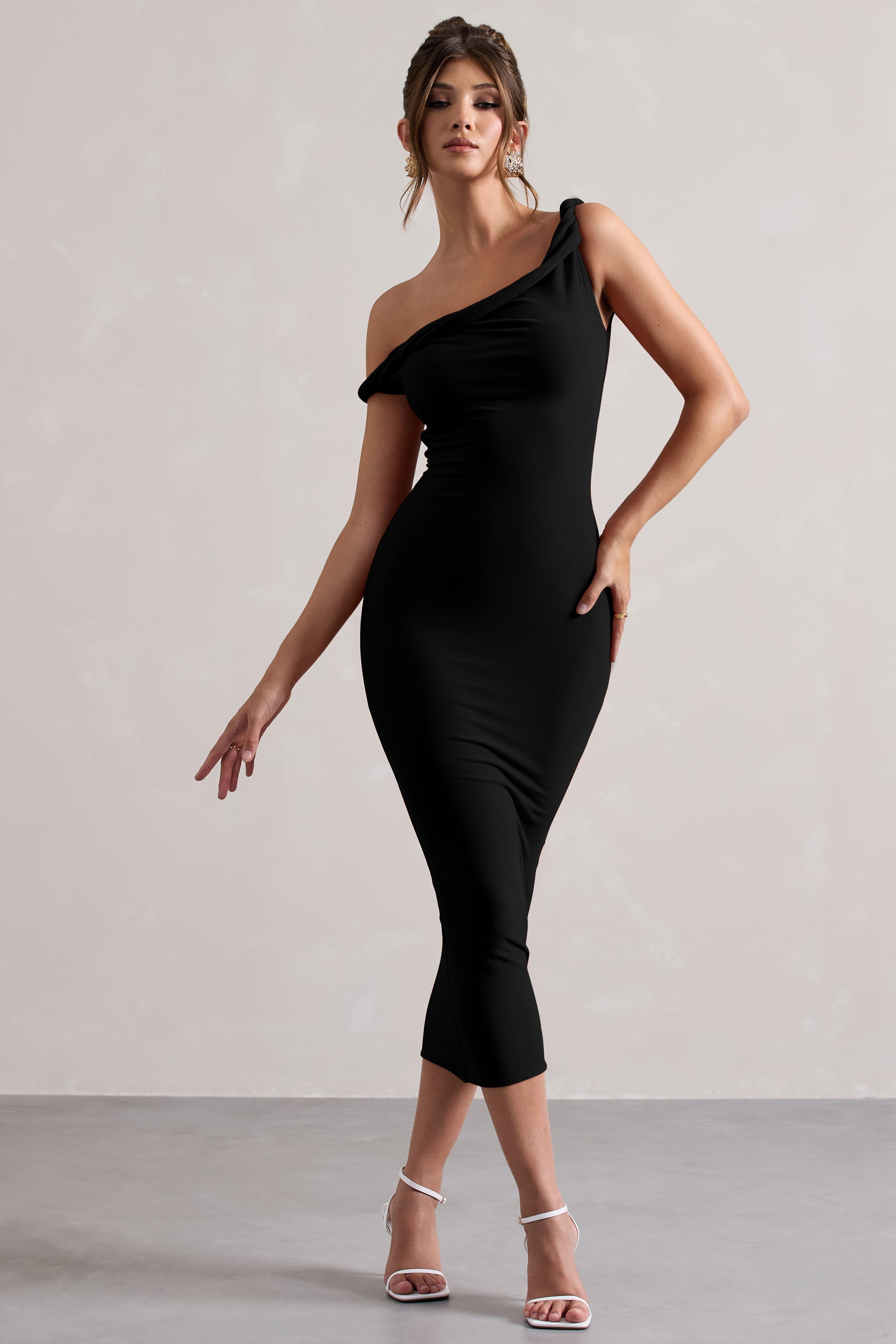 Salome | Black Twisted Asymmetric Midi Dress-Sowoom