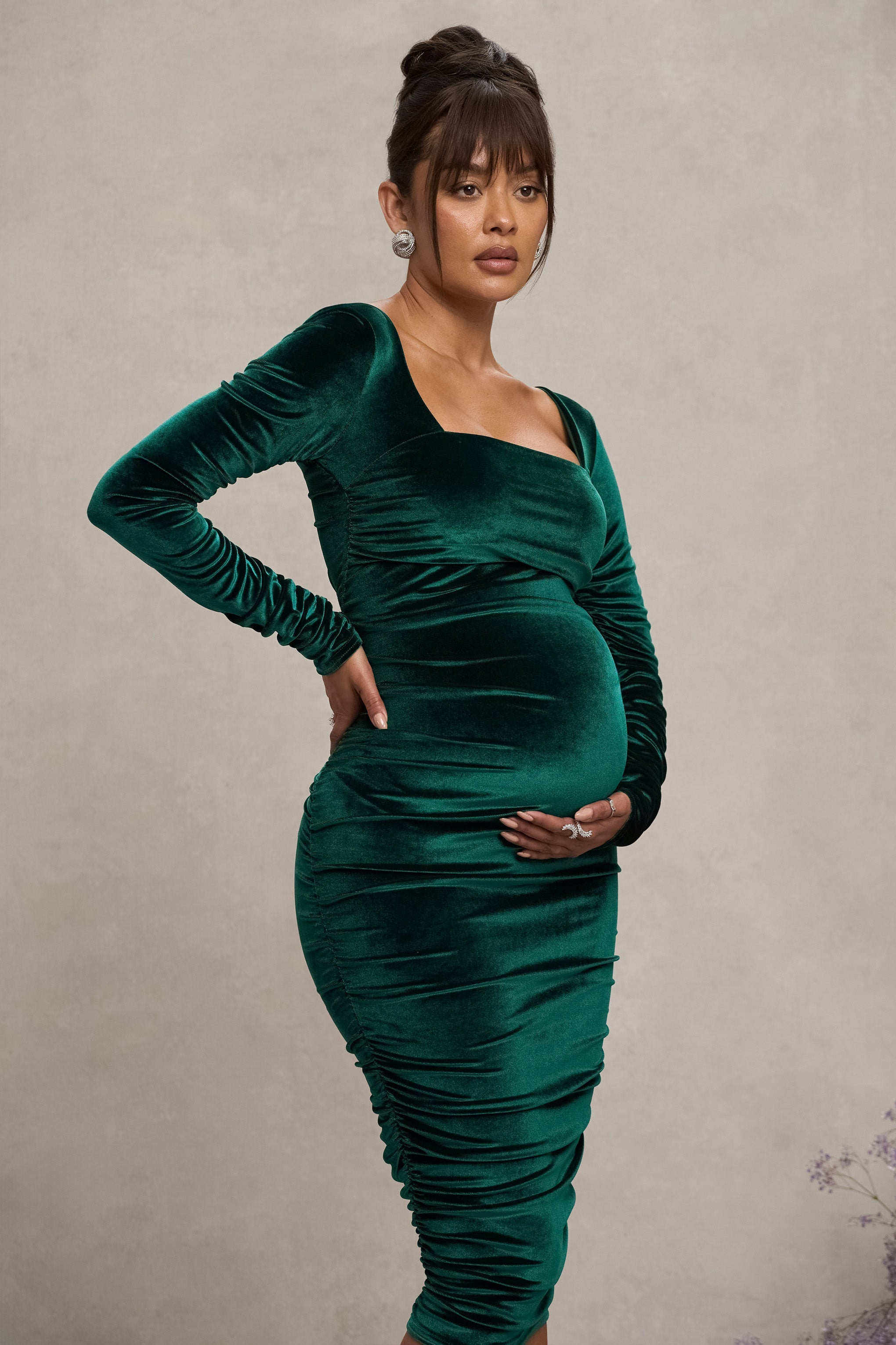 New Life | Bottle Green Velvet Maternity Square Neck Ruched Midi Dress-Sowoom