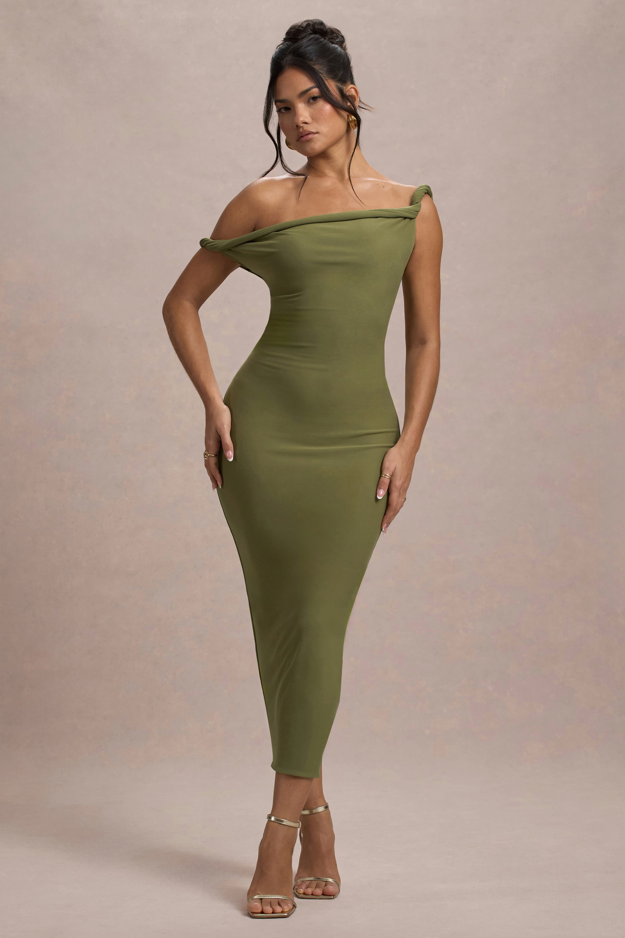Salome | Olive Twisted Asymmetric Midi Dress-Sowoom