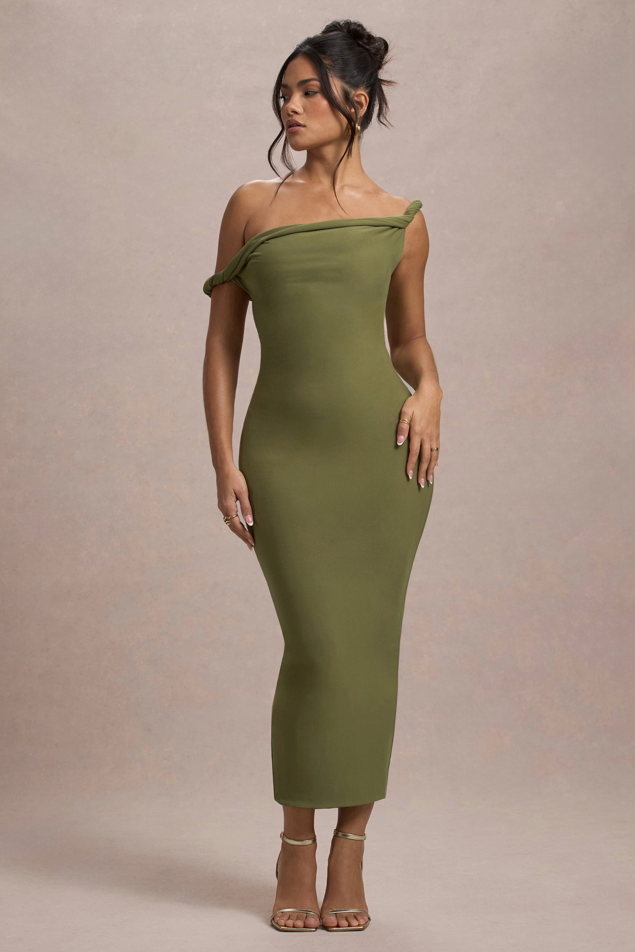 Salome | Olive Twisted Asymmetric Midi Dress-Sowoom