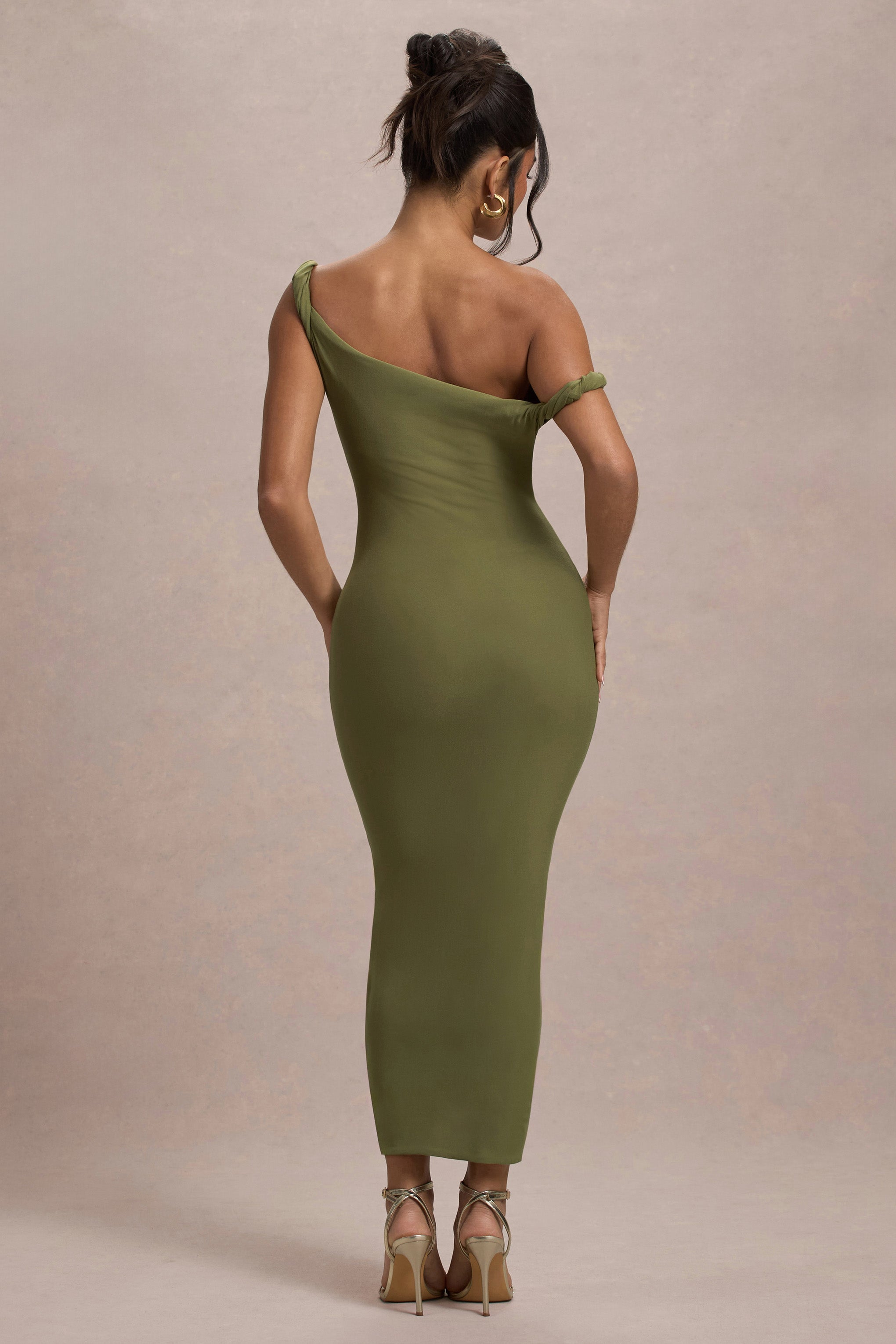 Salome | Olive Twisted Asymmetric Midi Dress-Sowoom