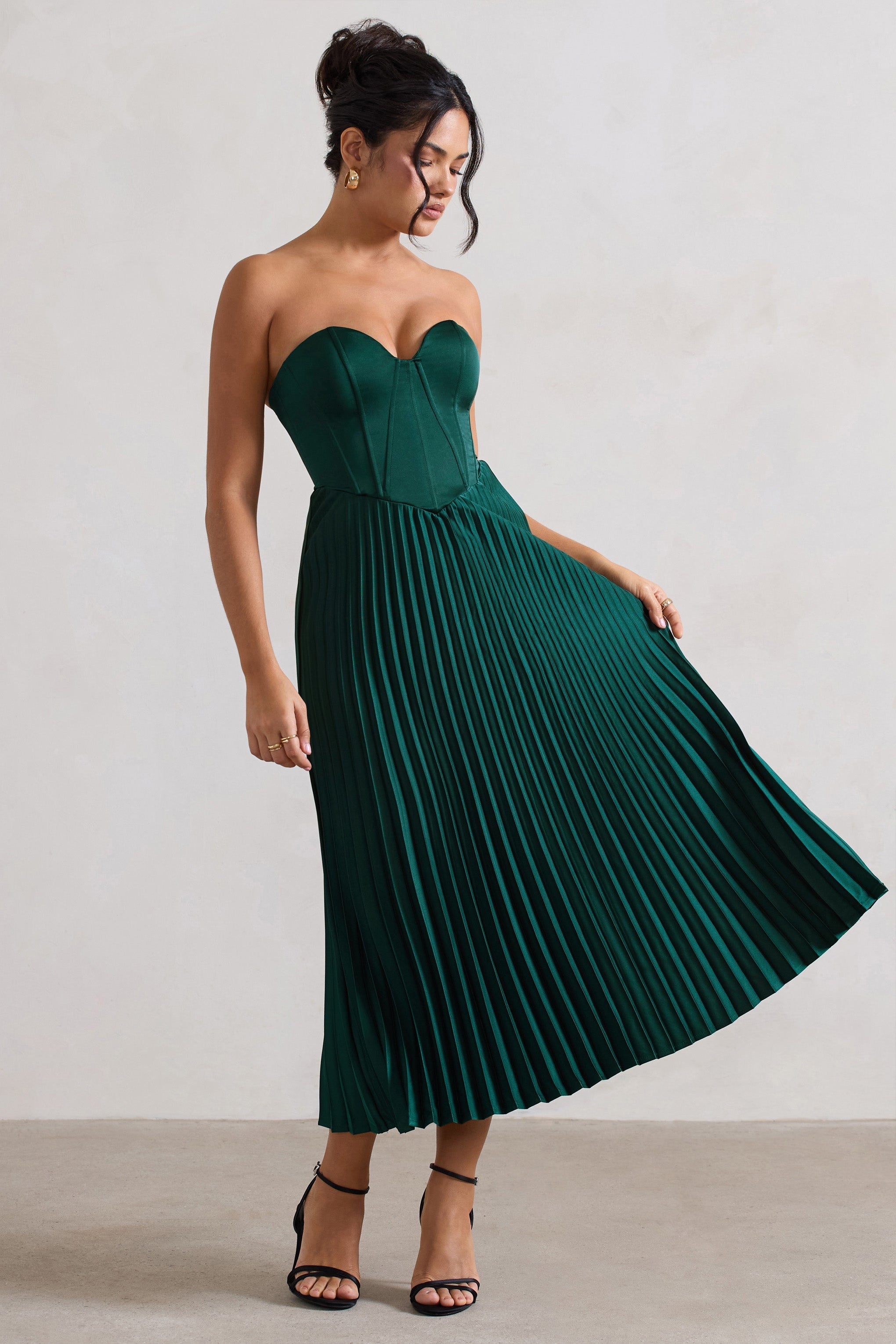 Bordeaux | Green Satin Corset Style Midi Dress-Sowoom