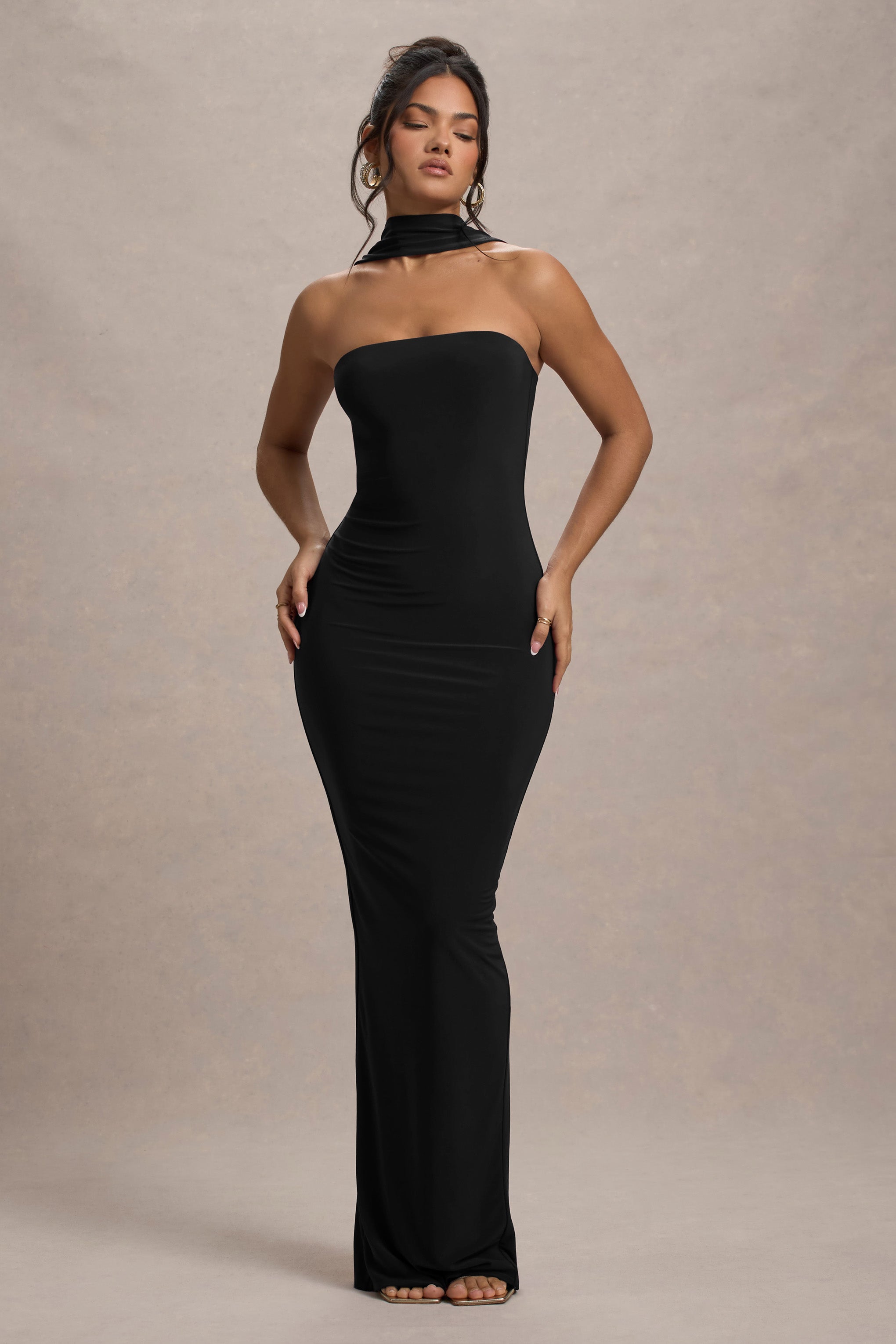 Nobu | Black Bandeau Maxi Dress With Halter-Collar-Sowoom