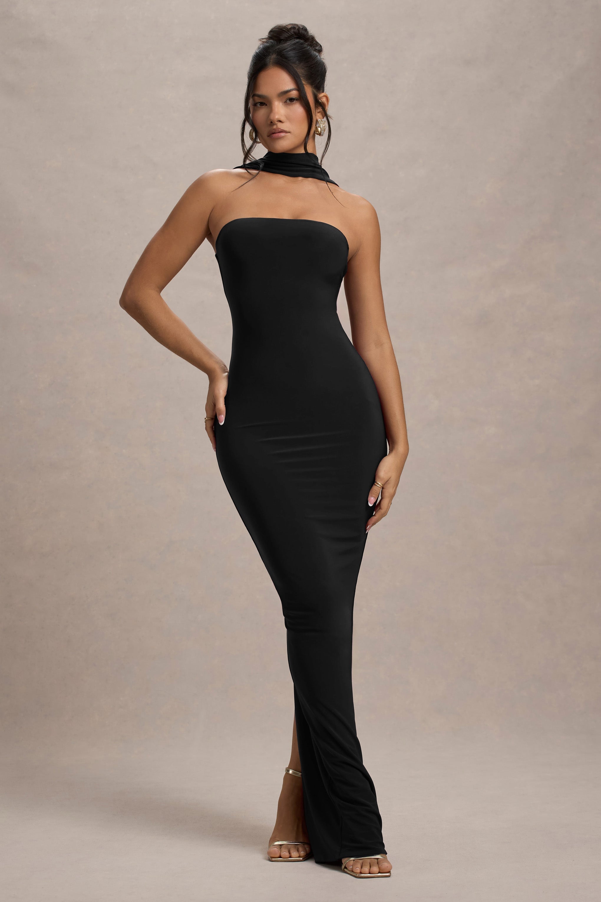 Nobu | Black Bandeau Maxi Dress With Halter-Collar-Sowoom