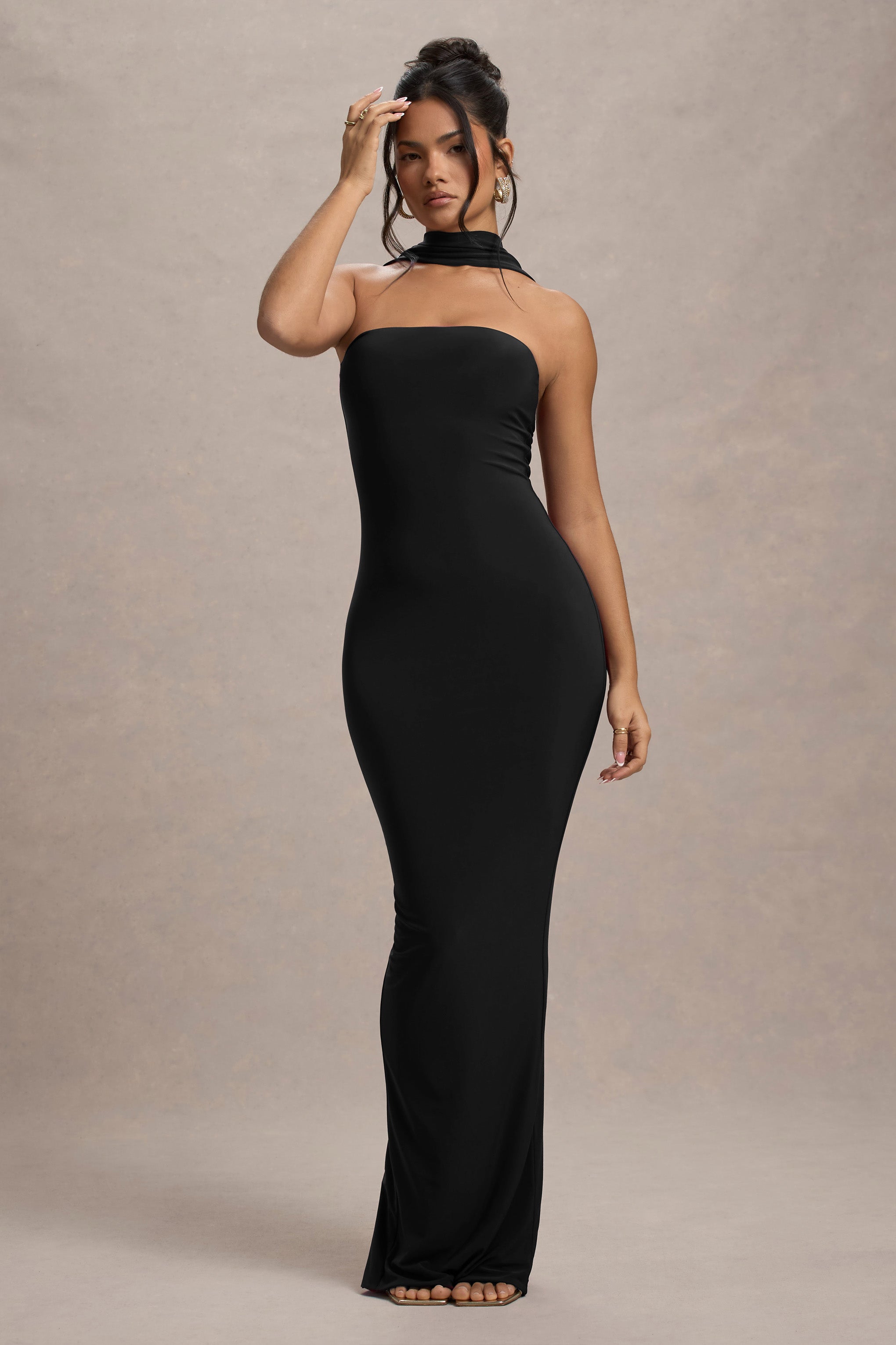 Nobu | Black Bandeau Maxi Dress With Halter-Collar-Sowoom