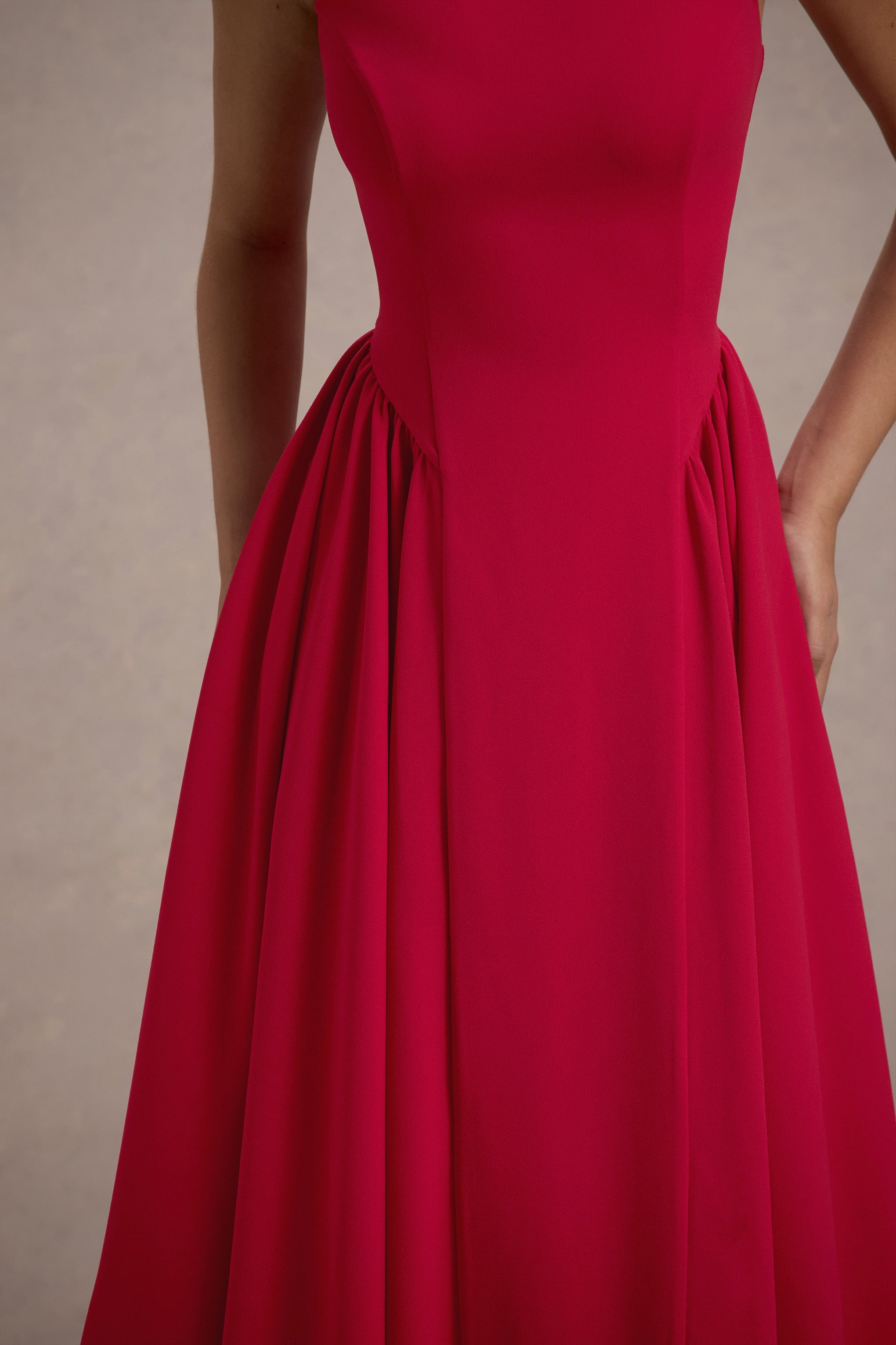 Muriel | Red Boat-Neck Volume-Hem Midi Dress-Sowoom