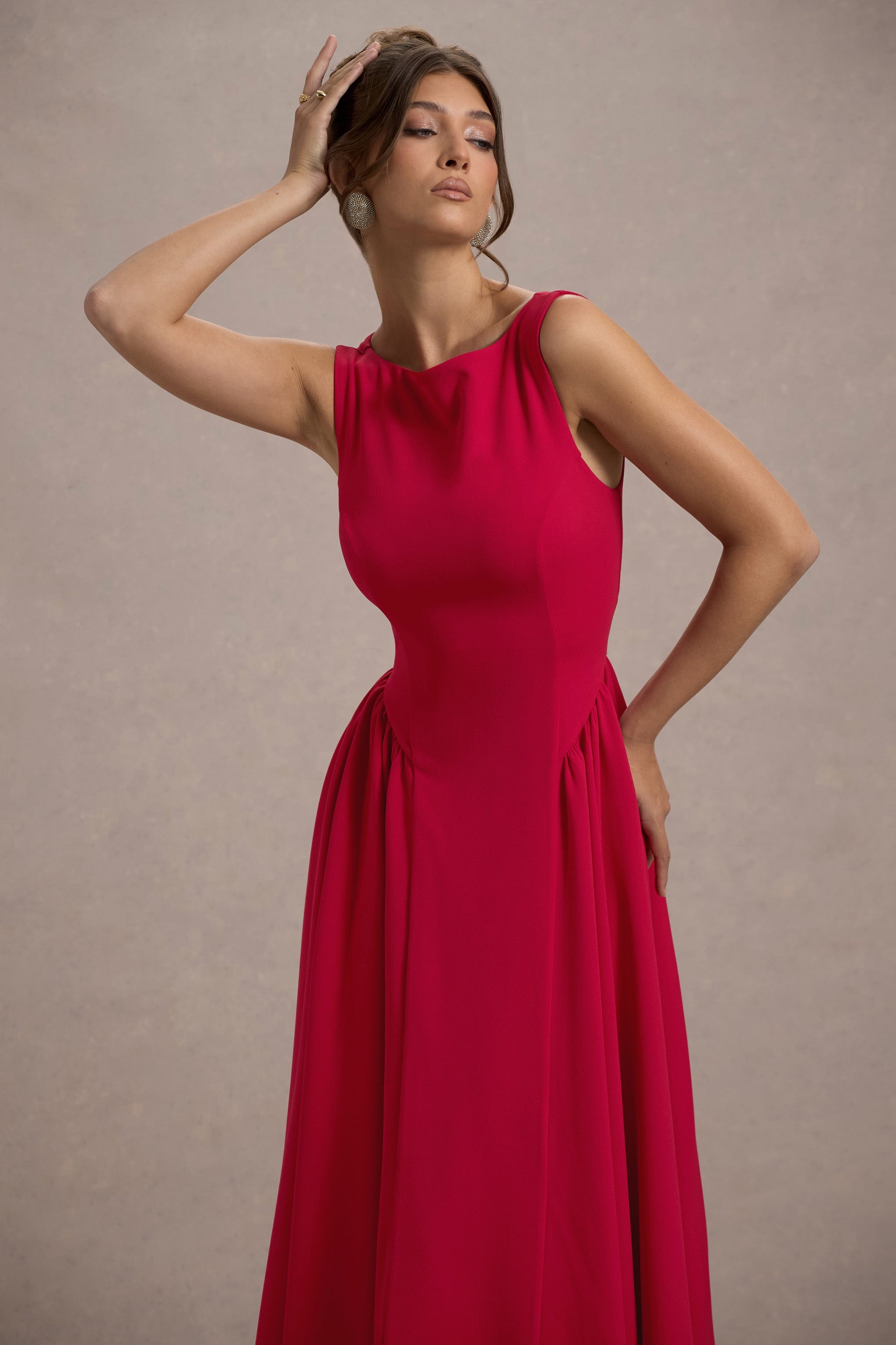 Muriel | Red Boat-Neck Volume-Hem Midi Dress-Sowoom