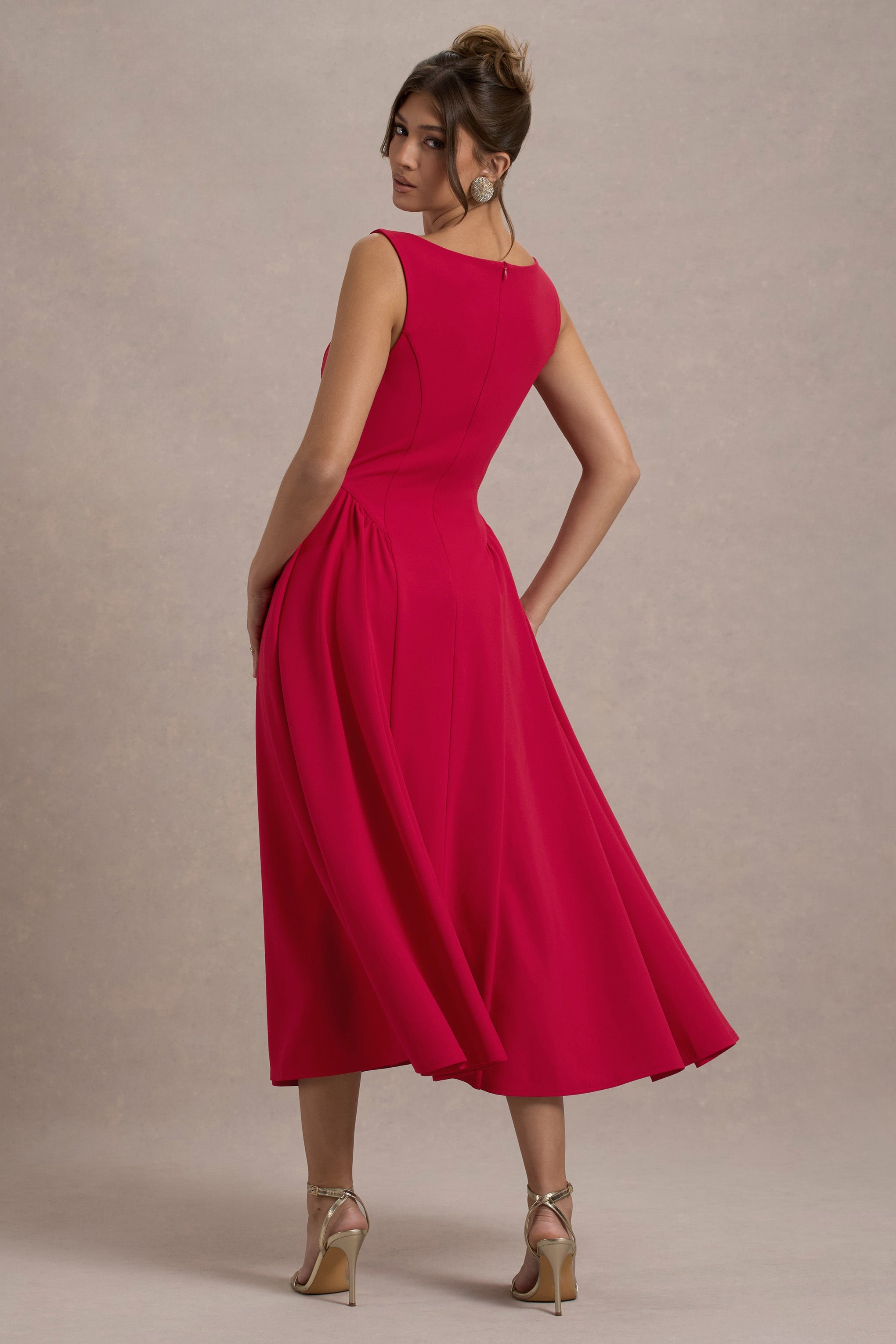 Muriel | Red Boat-Neck Volume-Hem Midi Dress-Sowoom