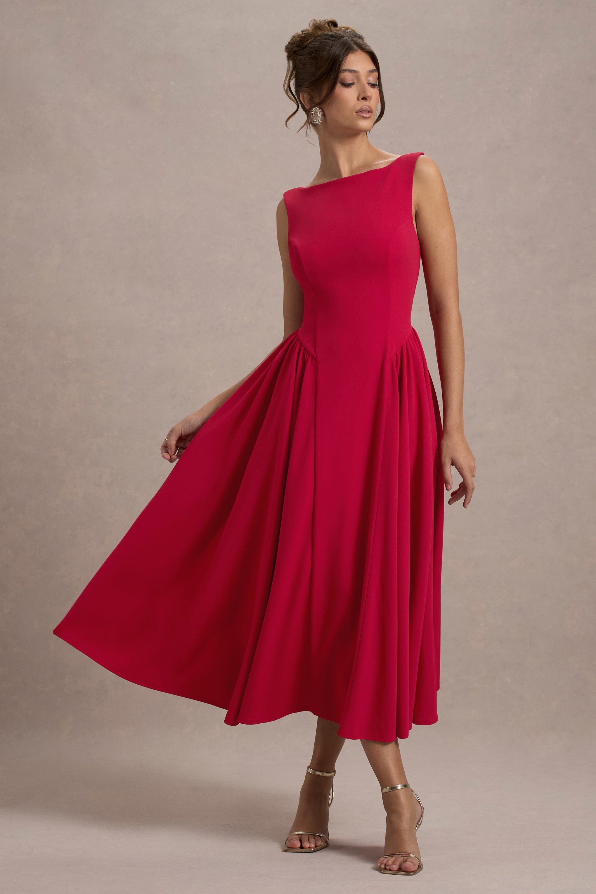 Muriel | Red Boat-Neck Volume-Hem Midi Dress-Sowoom